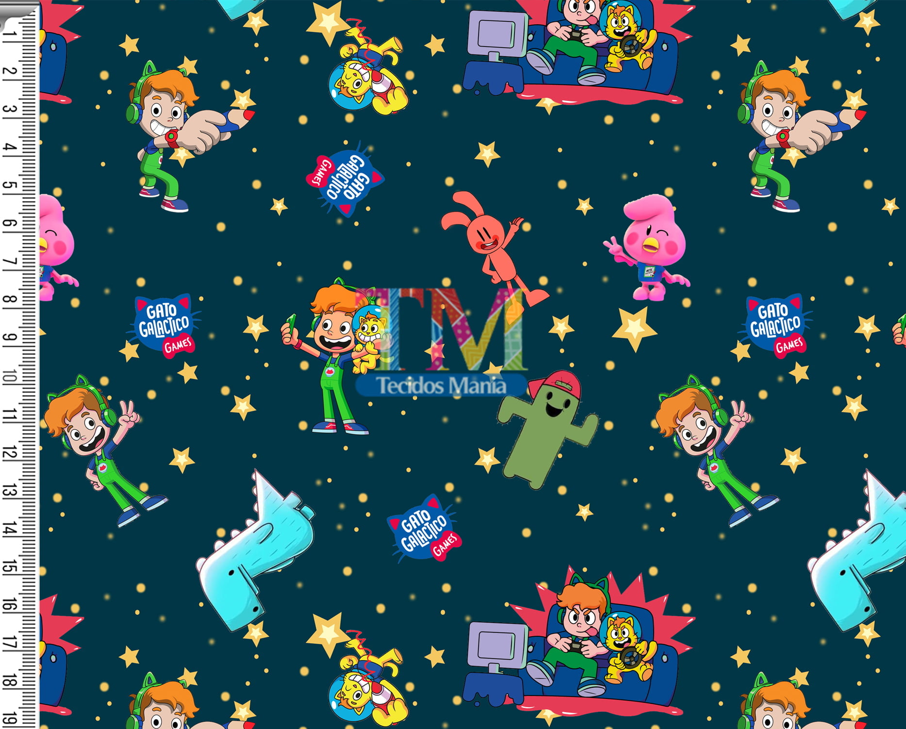 Tecido Oxford Estampa Digital - Gato Galactico - Estrelas - Fundo Petróleo