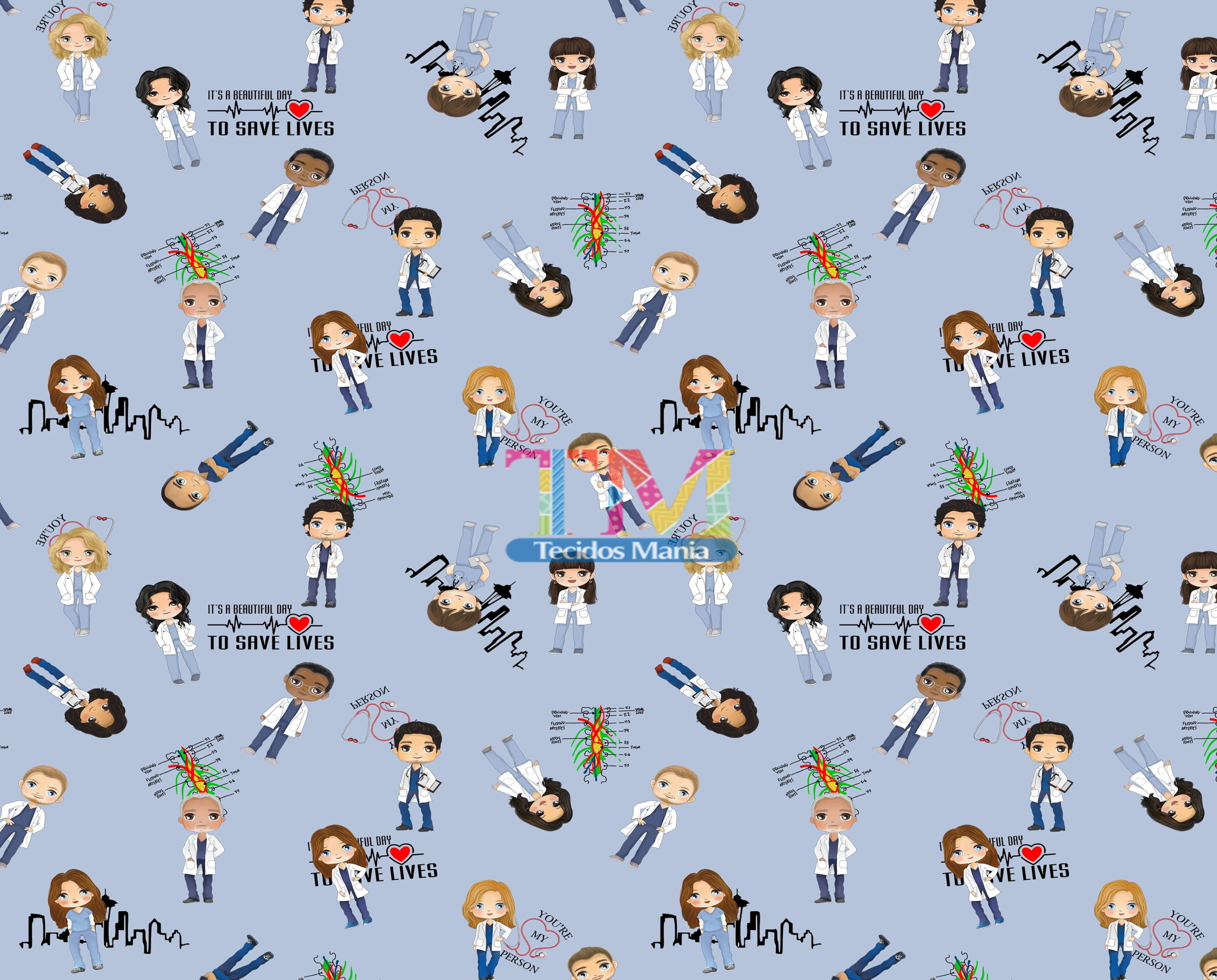 Tecido Oxford Estampa Digital - Grey´s Anatomy - Aquarela - Fundo Azul