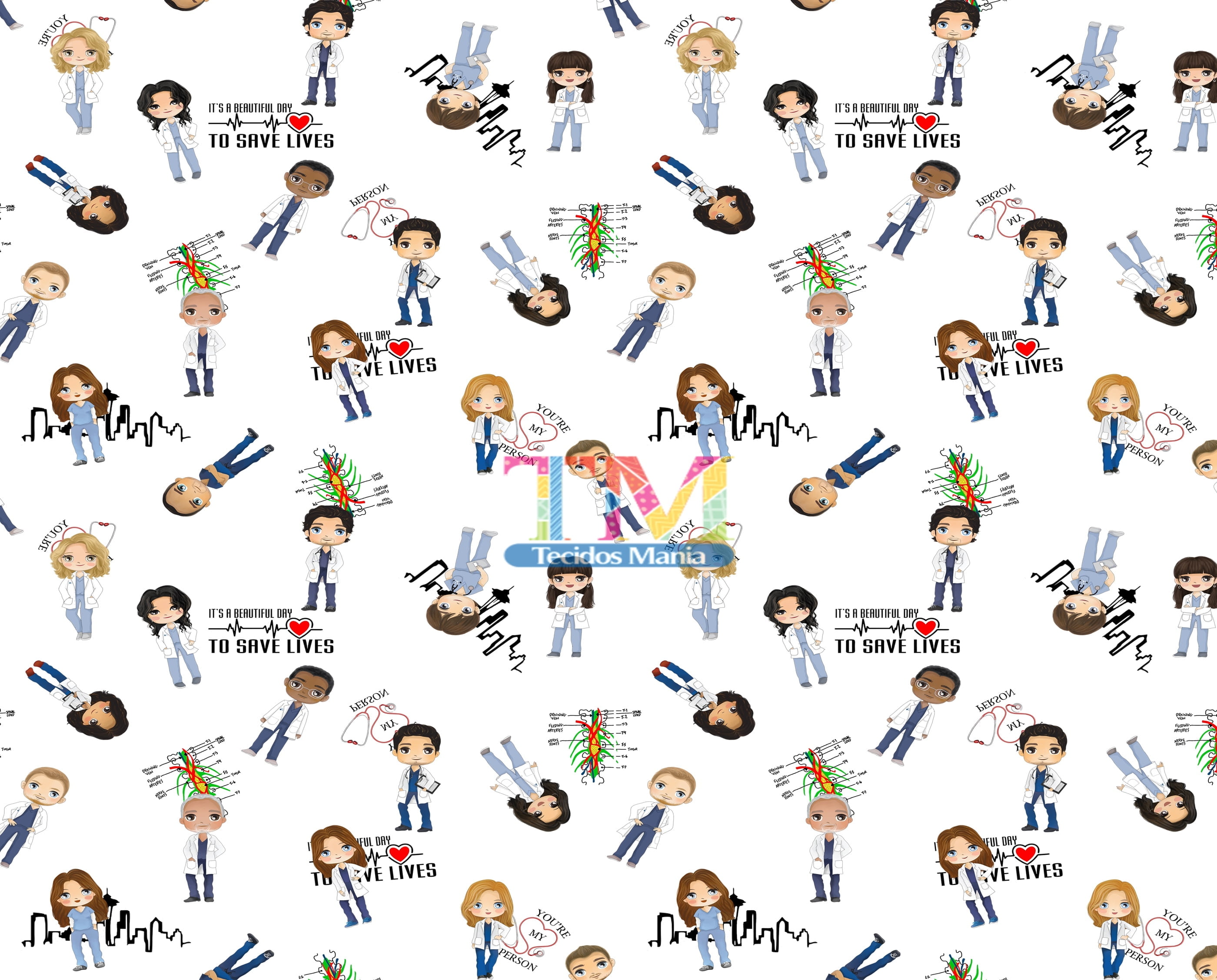 Tecido Oxford Estampa Digital - Grey´s Anatomy - Aquarela - Fundo Branco