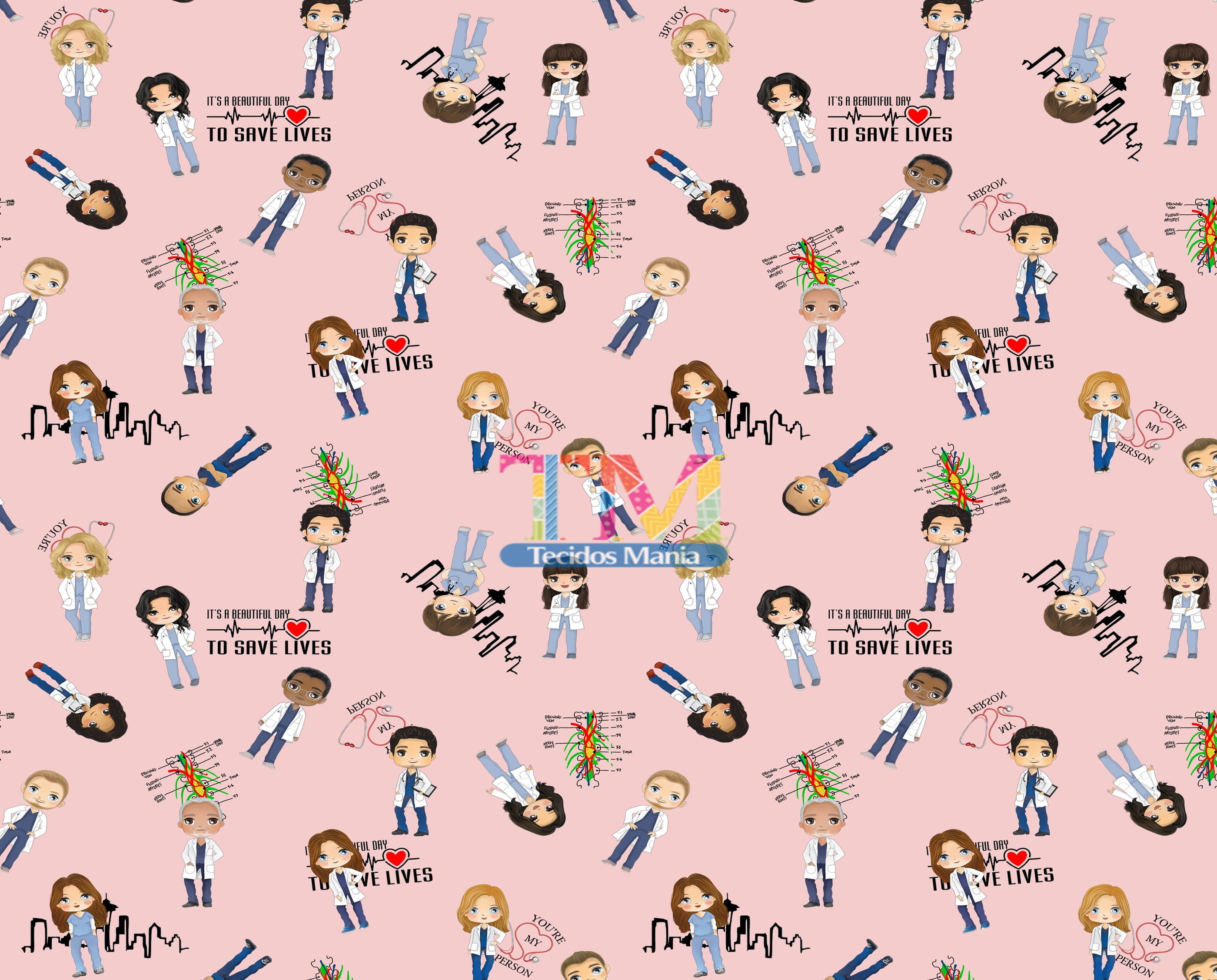 Tecido Oxford Estampa Digital - Grey´s Anatomy - Aquarela - Fundo Rosa