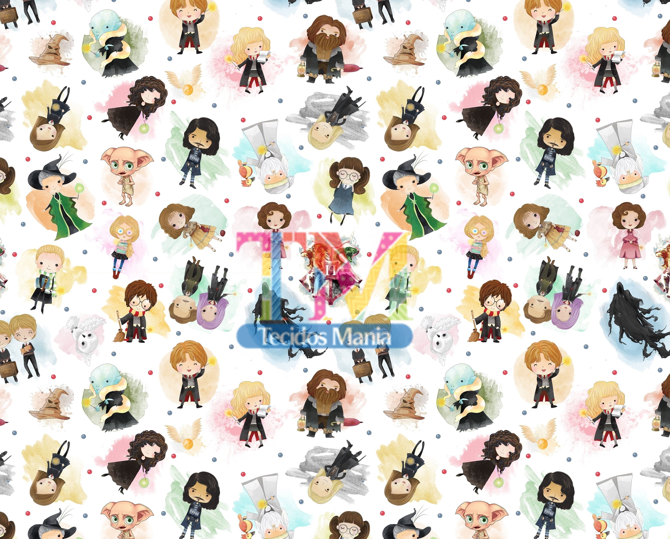 Tecido Oxford Estampa Digital - Harry Potter Aquarela - Fundo Branco