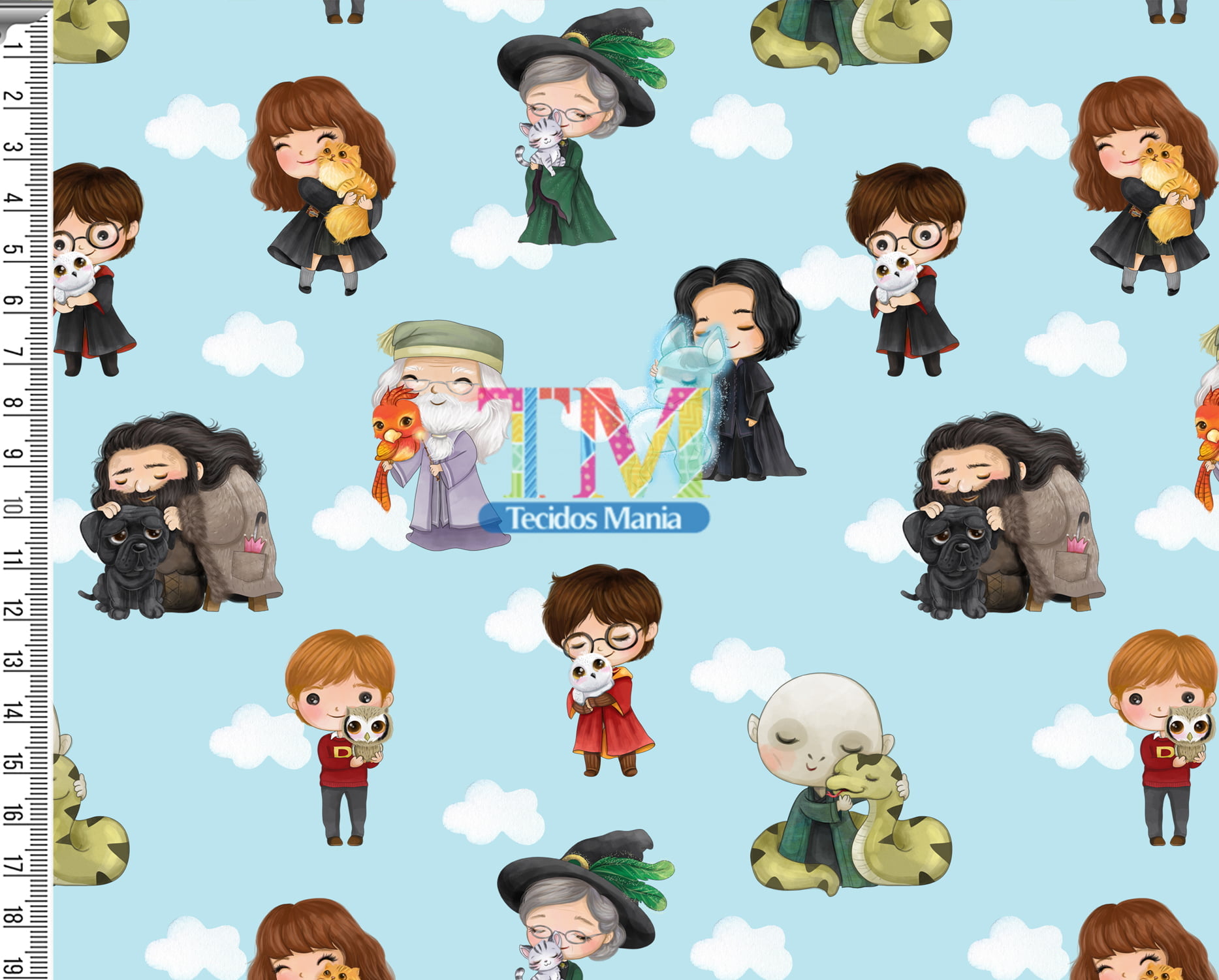 Tecido Oxford Estampa Digital - Harry Potter Aquarela - Nuvem - Fundo Azul