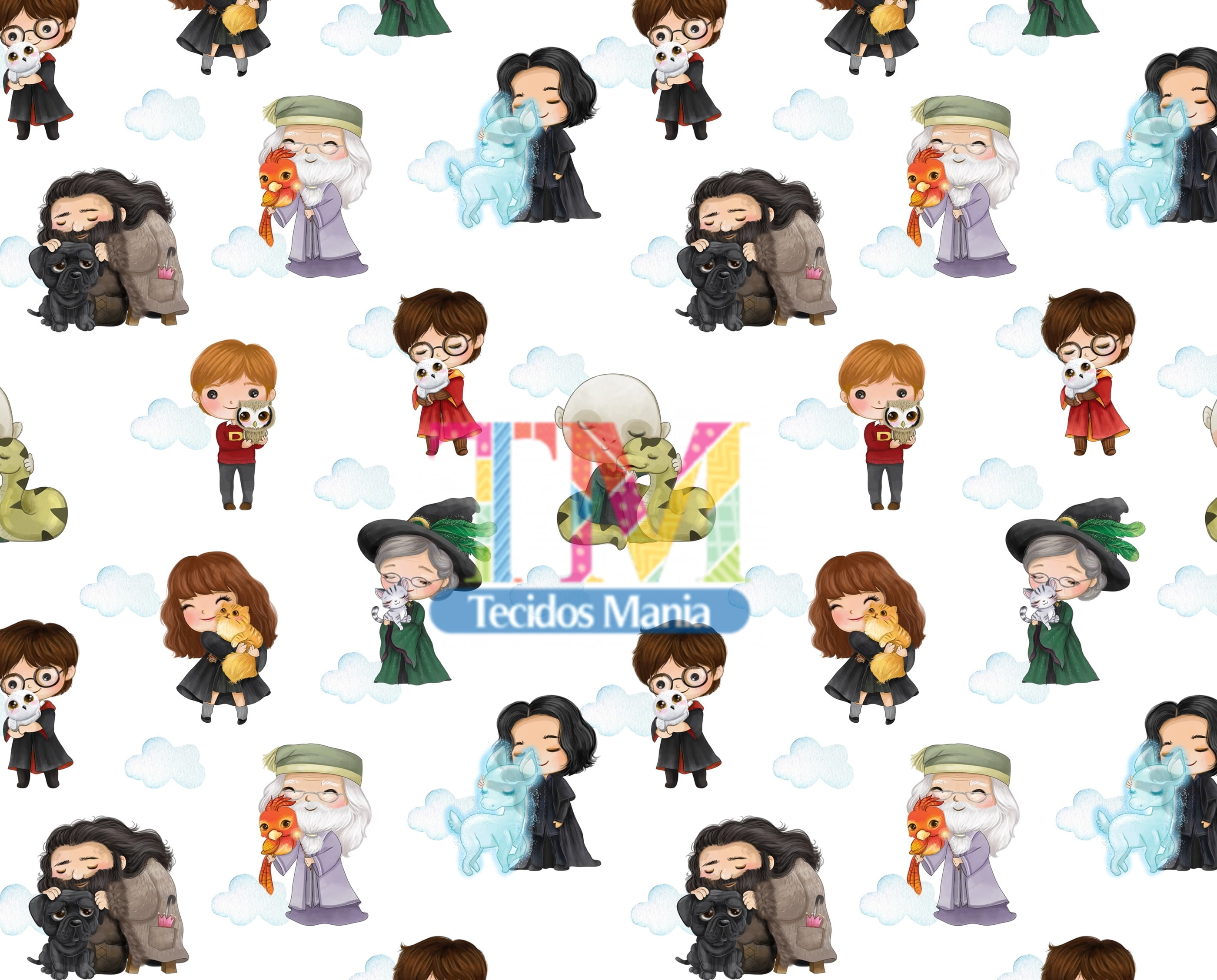 Tecido Oxford Estampa Digital - Harry Potter Aquarela - Nuvem - Fundo Branco