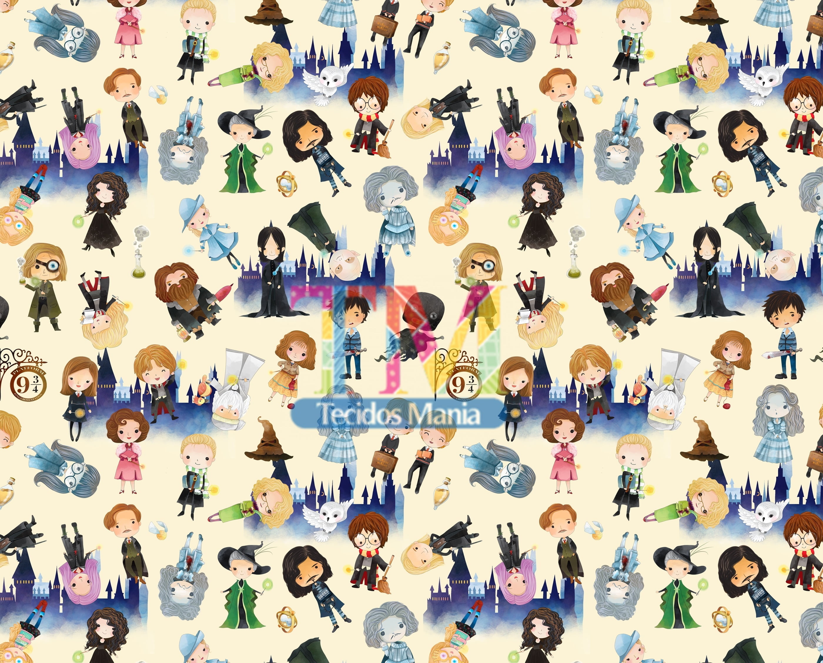 Tecido Oxford Estampa Digital - Harry Potter Hogwarts - Fundo Amarelo