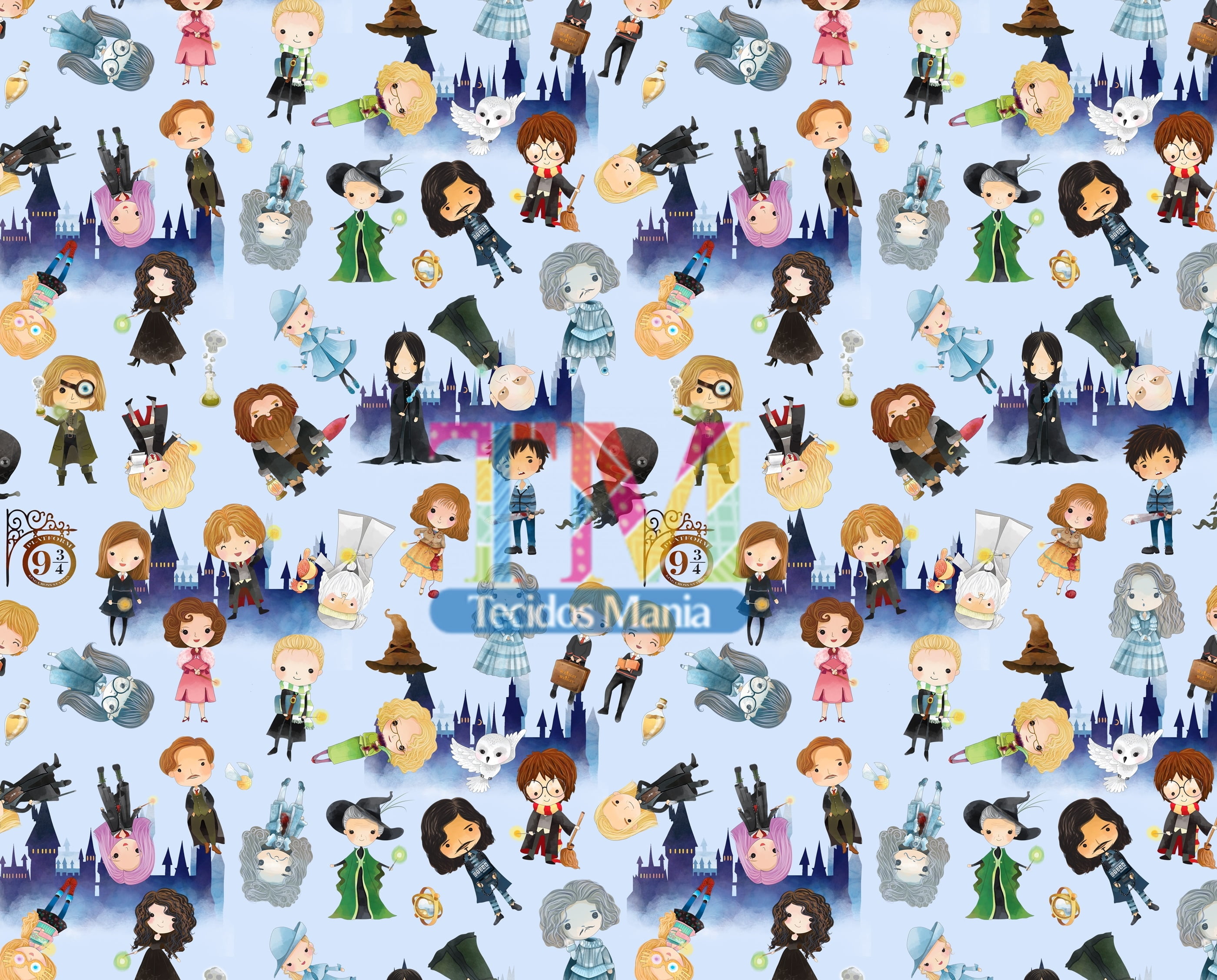 Tecido Oxford Estampa Digital - Harry Potter Hogwarts - Fundo Azul