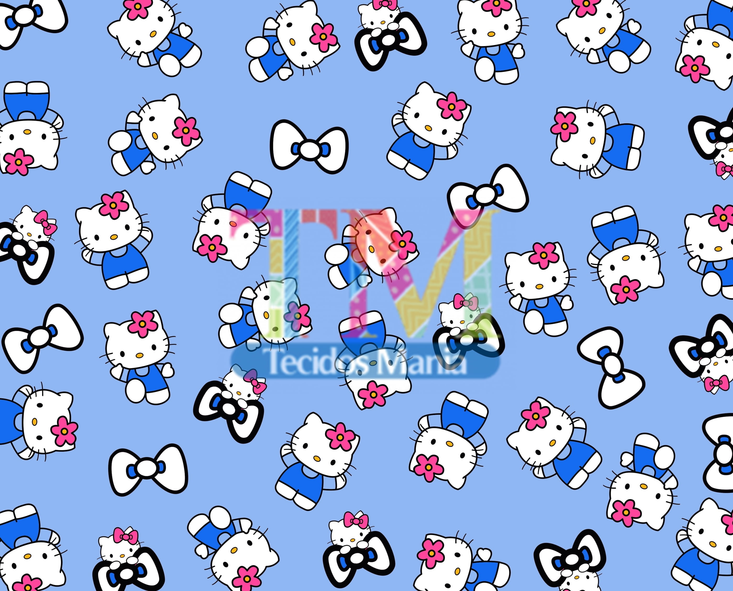 Tecido Oxford Estampa Digital - Hello Kitty - Fundo Azul