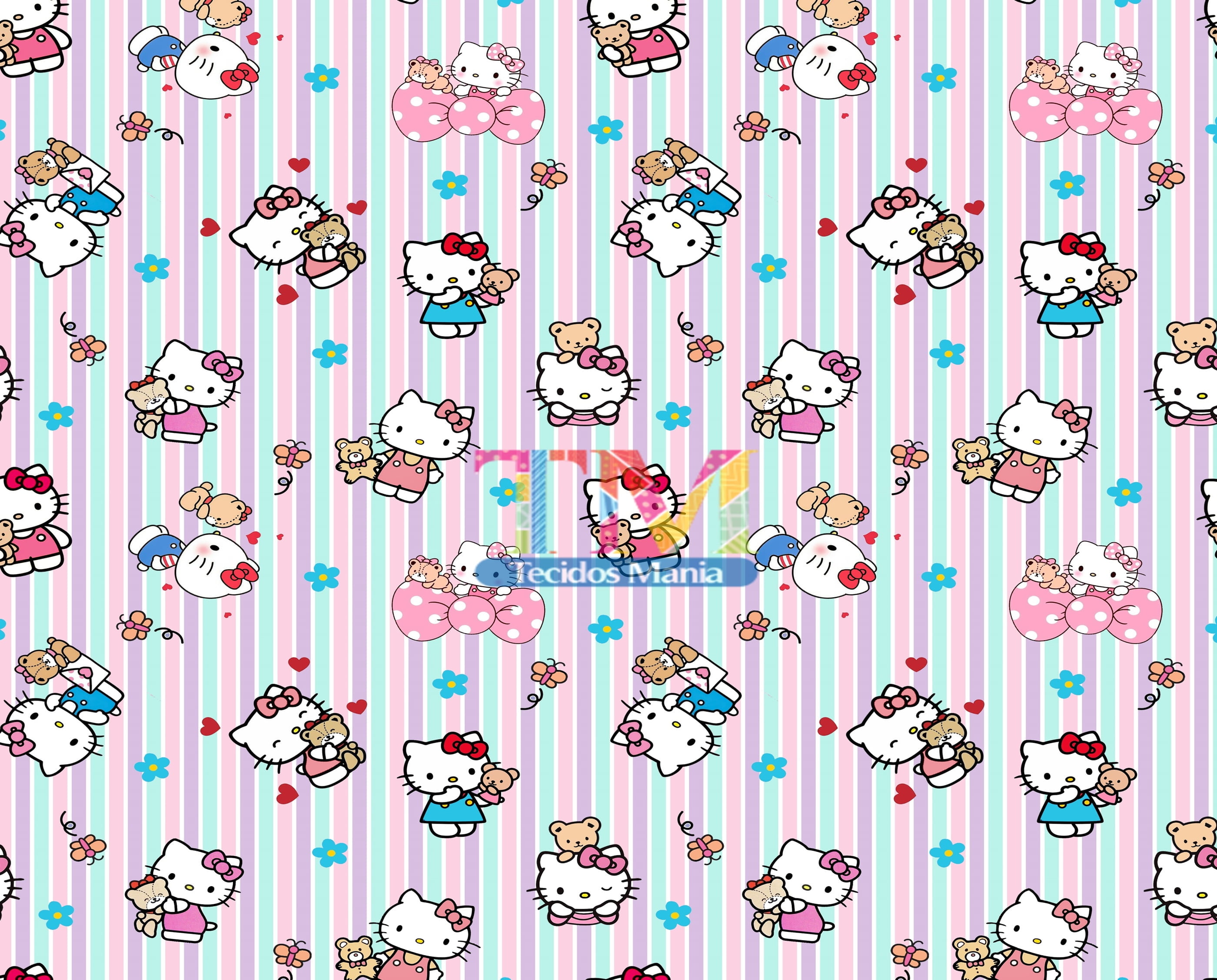 Tecido Oxford Estampa Digital - Hello Kitty - Fundo Listrado