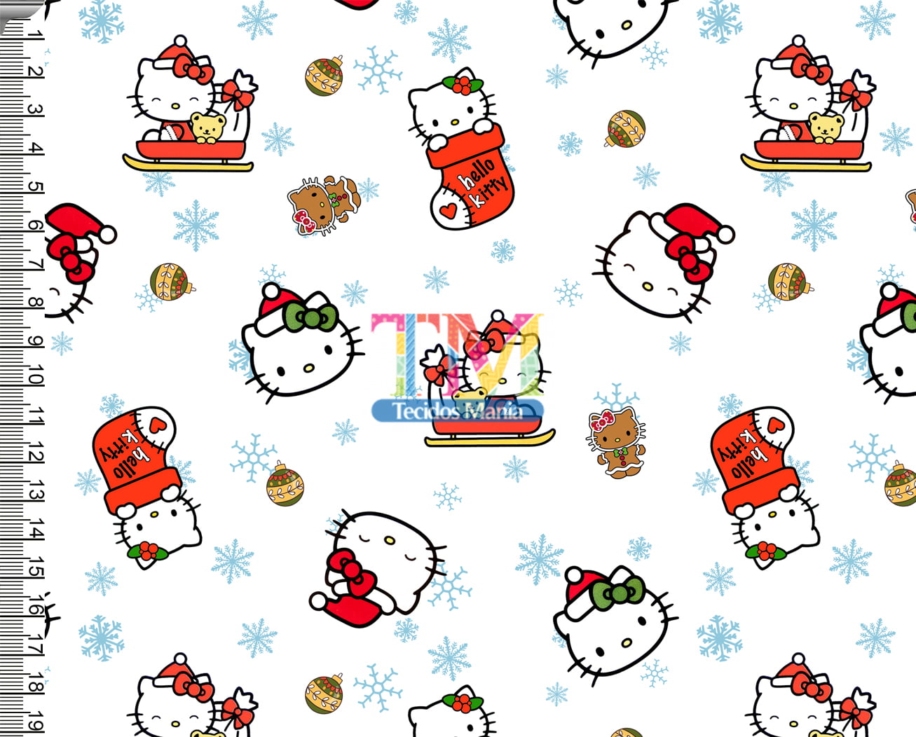 Tecido Oxford Estampa Digital - Hello Kitty Natal - Fundo Branco