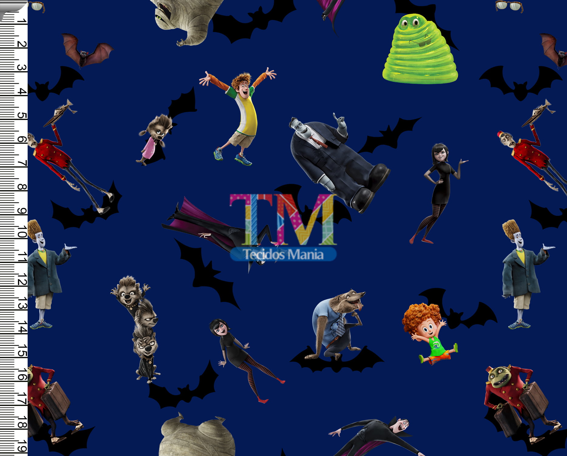 Tecido Oxford Estampa Digital - Hotel Transilvânia -  Fundo Azul Marinho