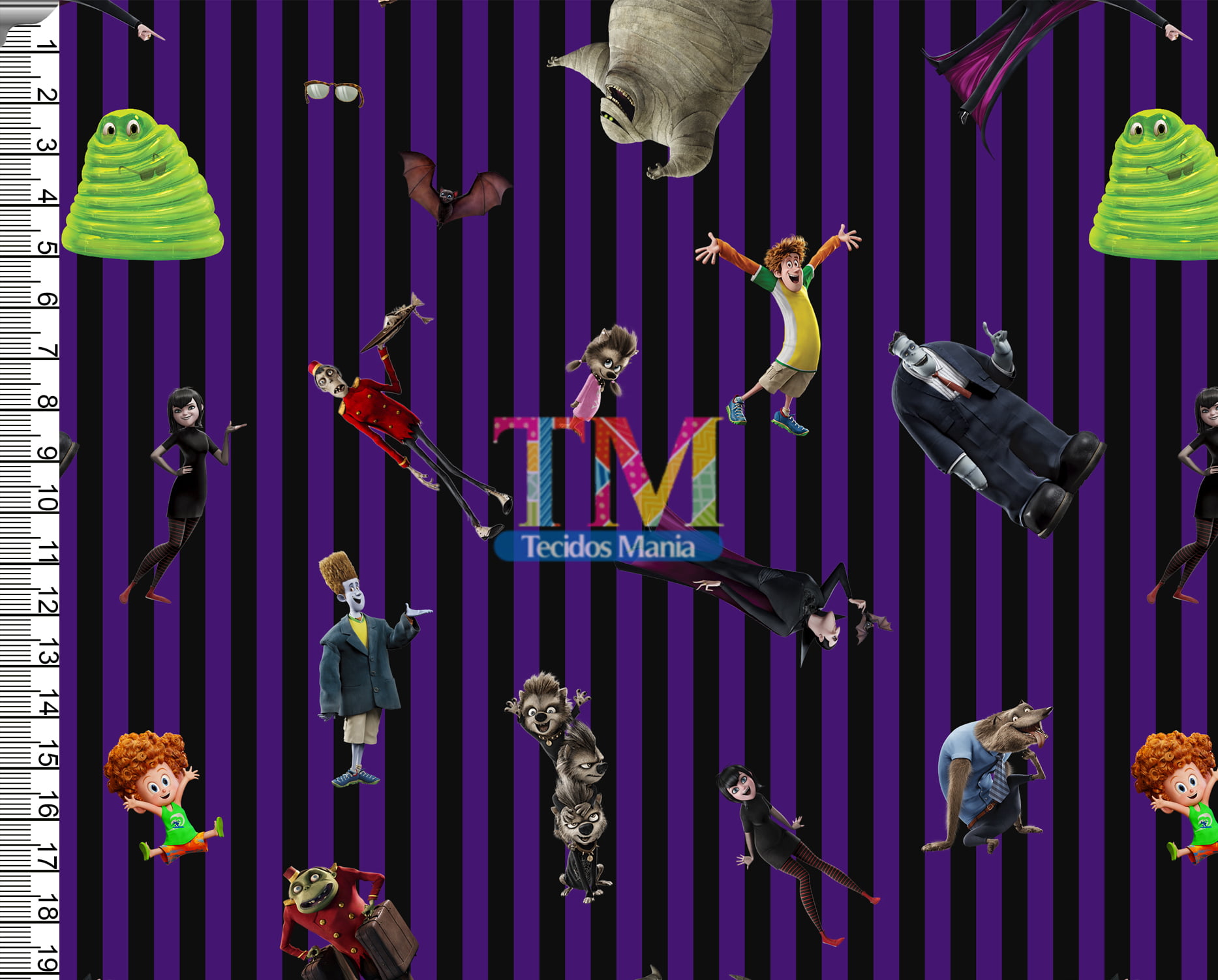 Tecido Oxford Estampa Digital - Hotel Transilvânia - Fundo Listrado