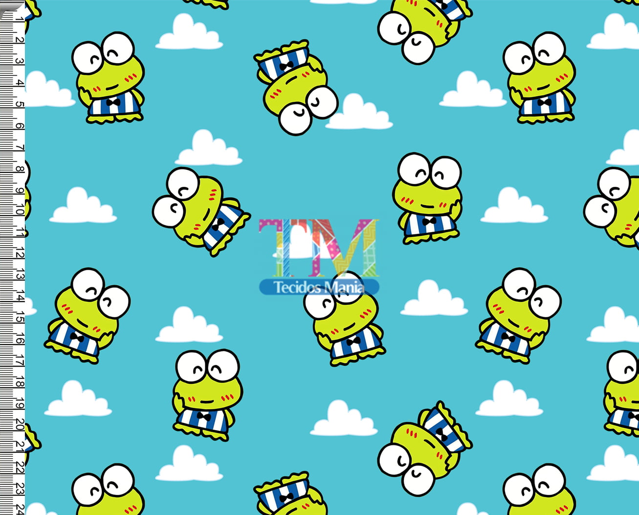 Tecido Oxford Estampa Digital - Keroppi - Fundo Nuvens