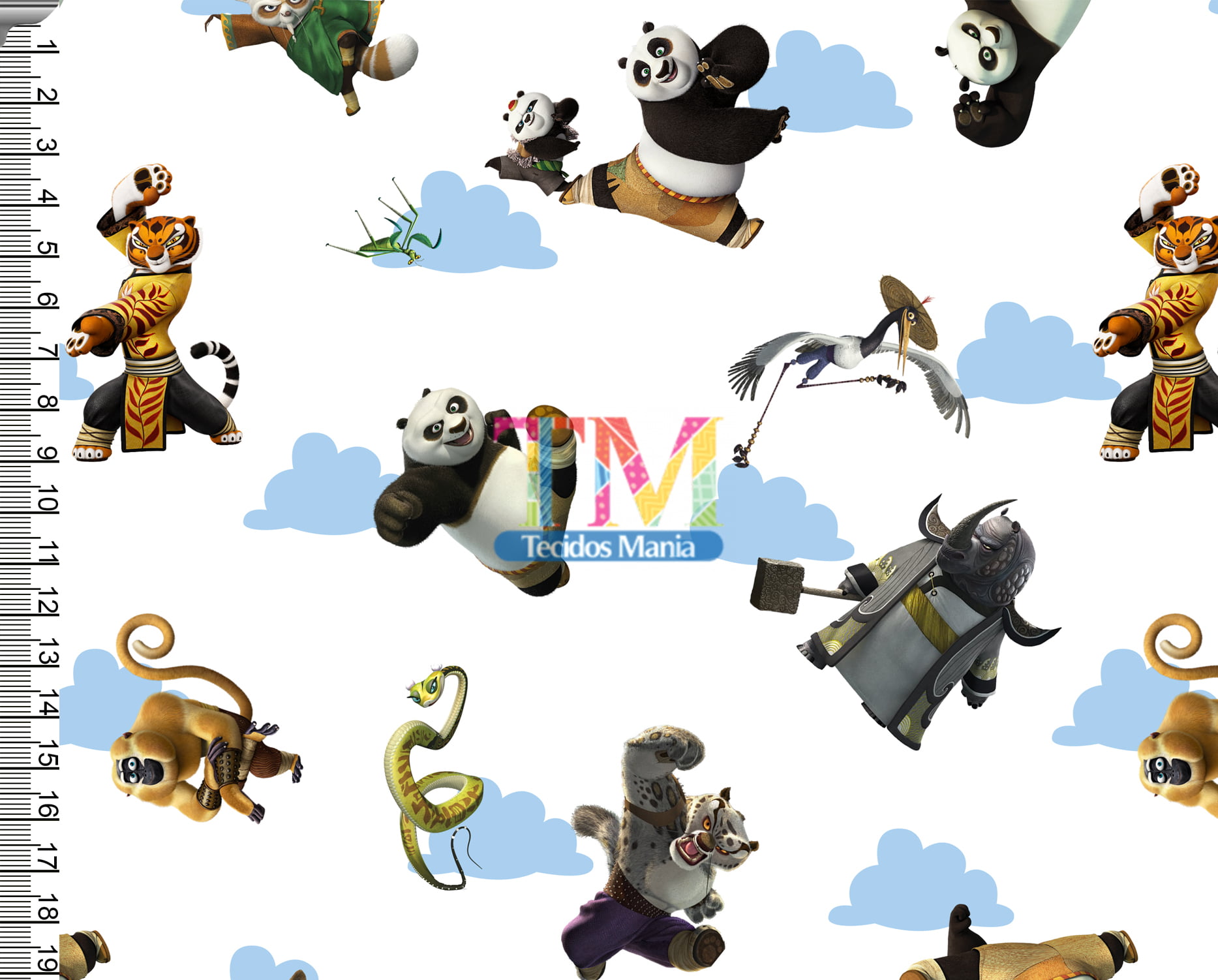 Tecido Oxford Estampa Digital - Kung Fu Panda - Nuvem - Fundo Branco
