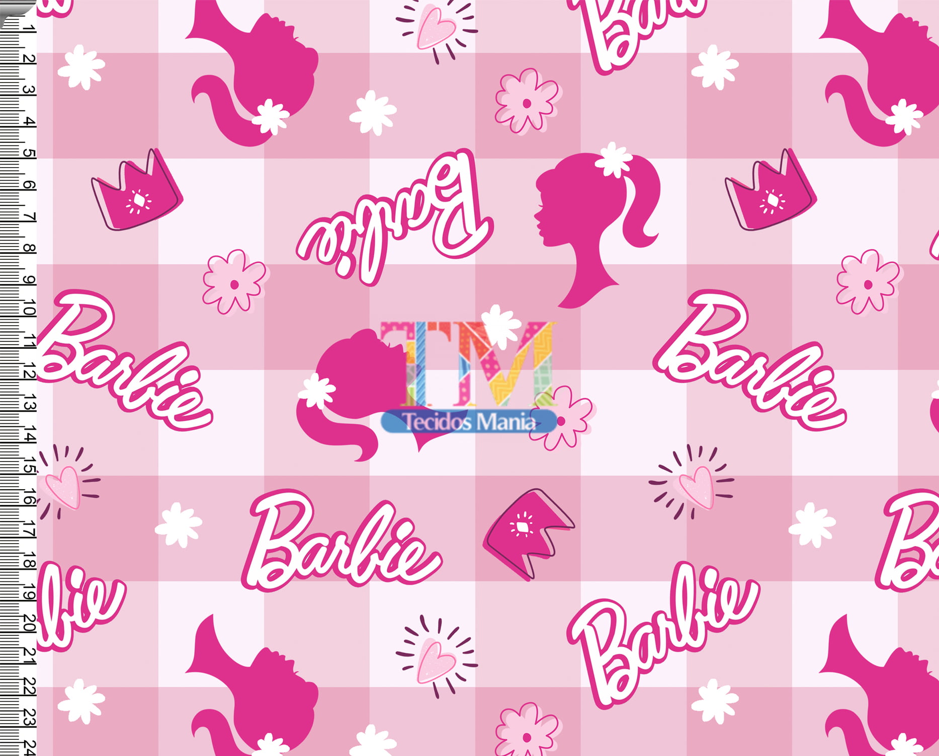 Tecido Oxford Estampa Digital - Logo Da Barbie - Fundo Xadrez