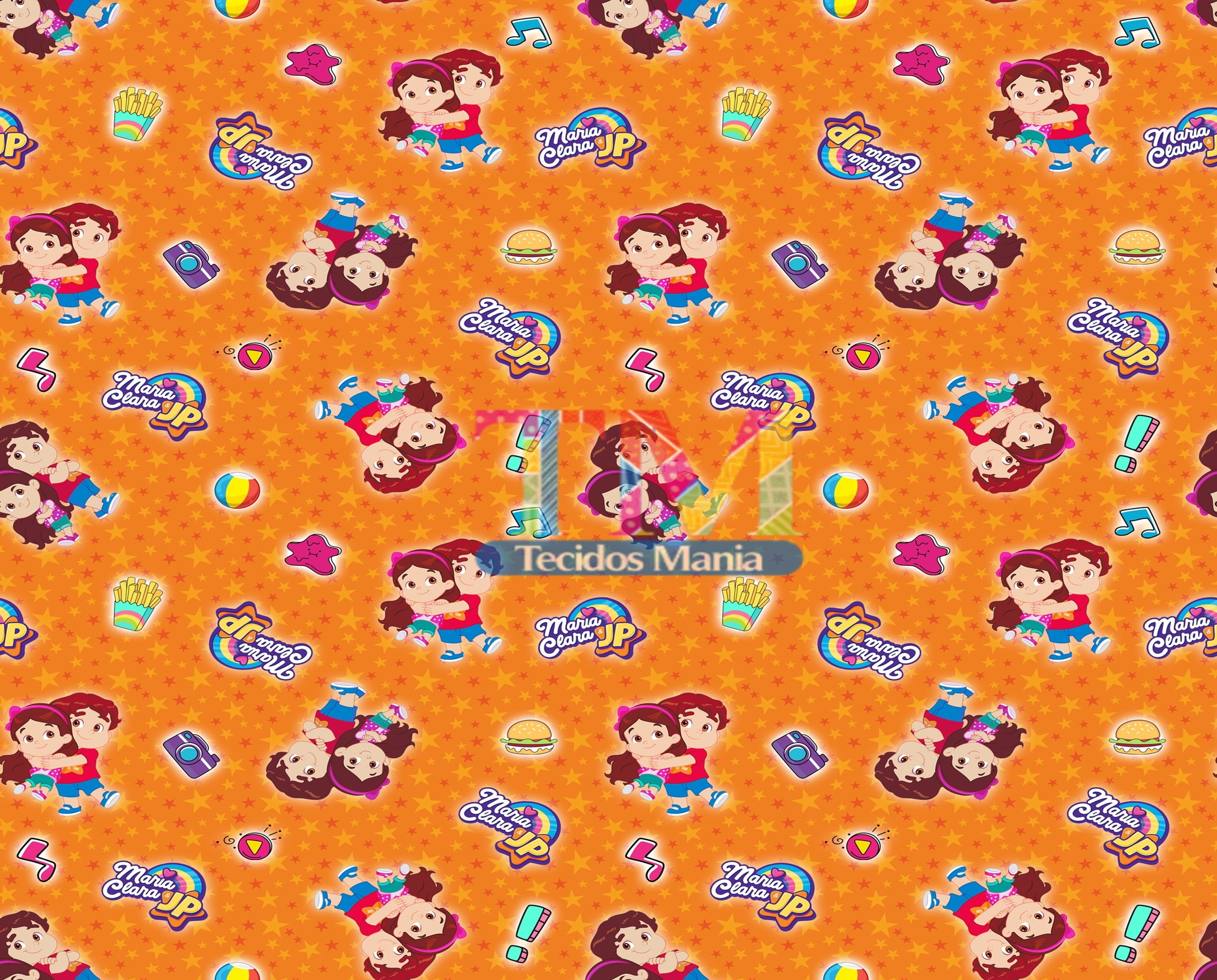 Tecido Oxford Estampa Digital - Maria Clara e Jp - Fundo Estrelas Laranja