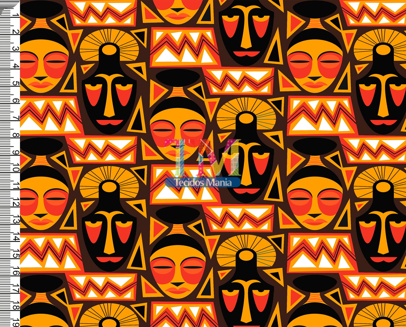 Tecido Oxford Estampa Digital - Máscara africana - Laranja com preto