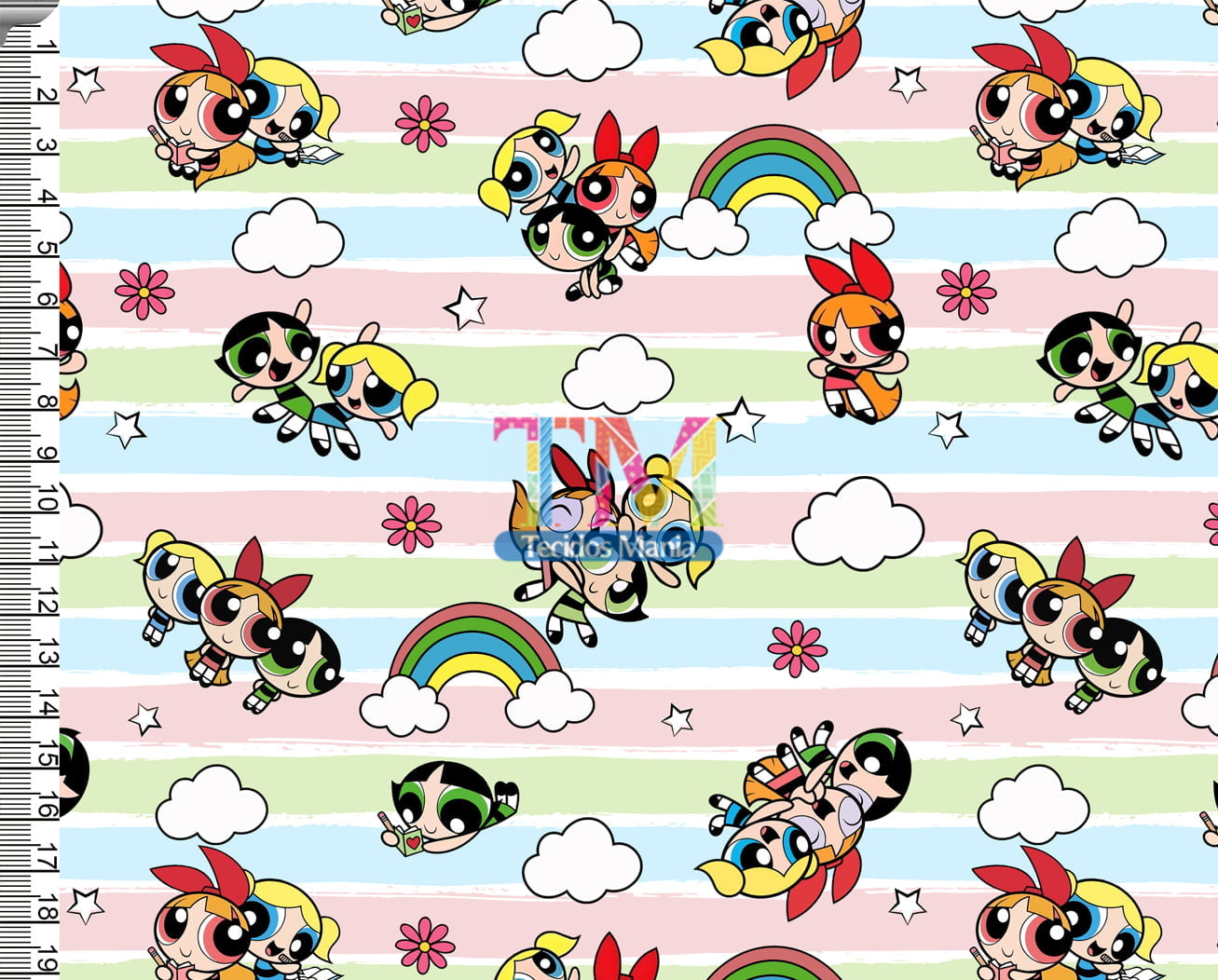 Tecido Oxford Estampa Digital - Meninas Super Poderosas - Fundo Listras