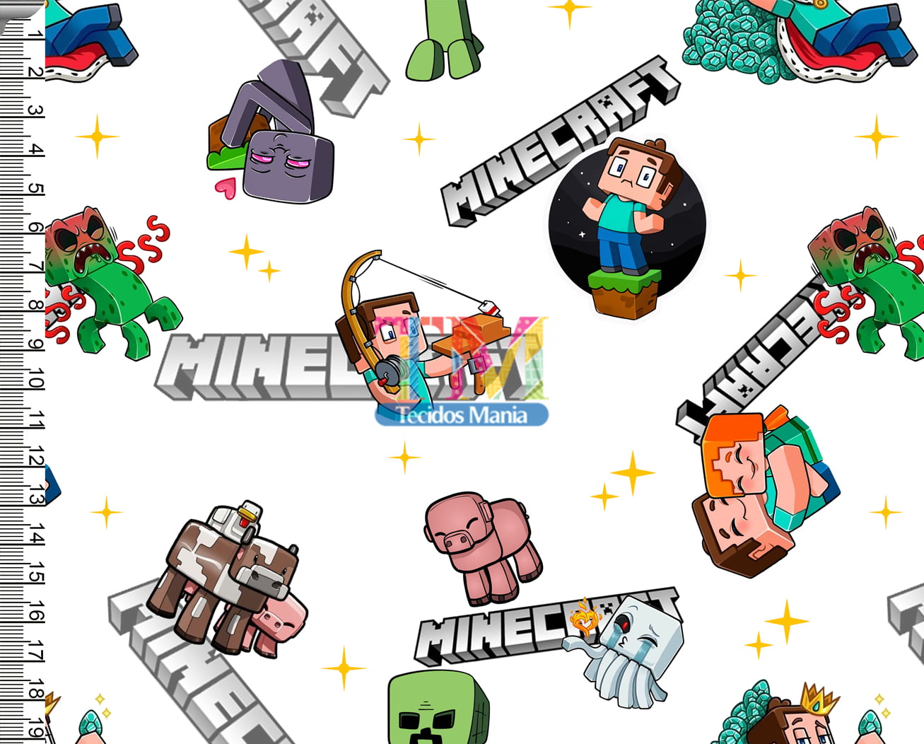 Tecido Oxford Estampa Digital - Minecraft e Seus Amigos - Fundo Branco