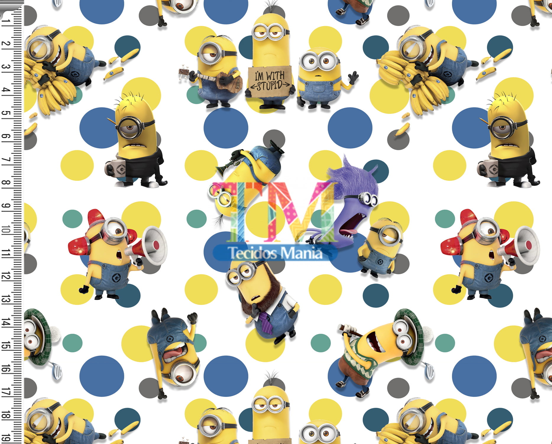 Tecido Oxford Estampa Digital - Minions - Fundo Bolas Coloridas