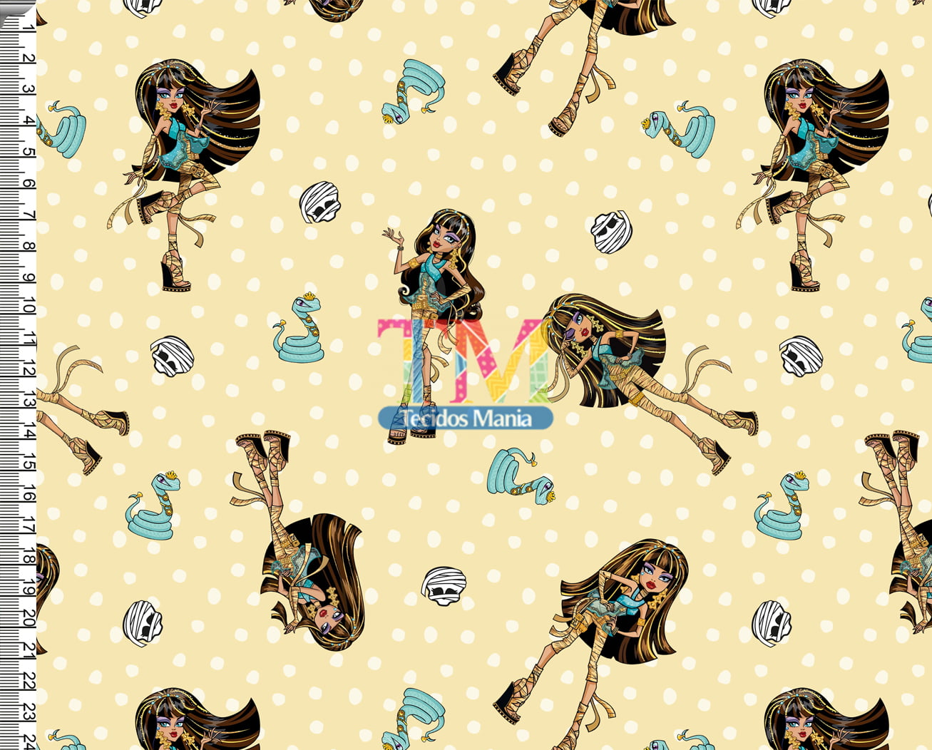 Tecido Oxford Estampa Digital - Monster High - Cleo de Nile - fundo bege