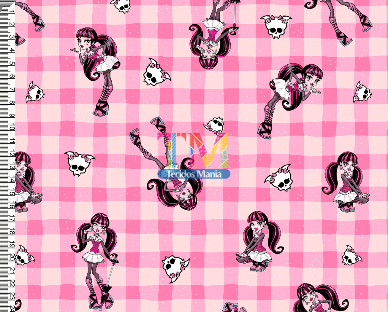 Tecido Oxford Estampa Digital - Monster High - Draculaura - fundo xadrez rosa