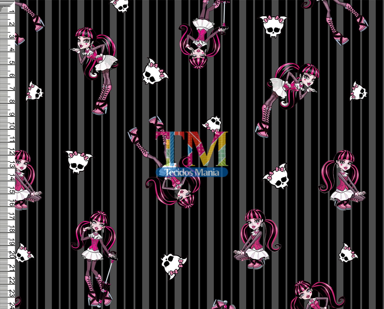 Tecido Oxford Estampa Digital - Monster High - Draculaura - listras preto com cinza