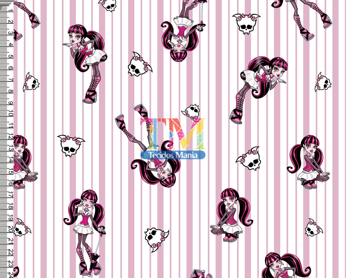 Tecido Oxford Estampa Digital - Monster High - Draculaura - listras rosa com branco