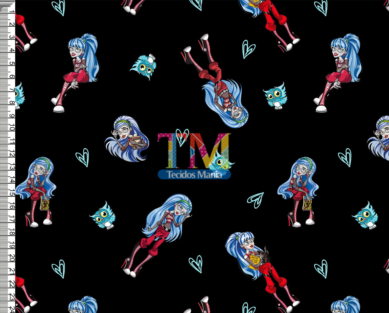 Tecido Oxford Estampa Digital - Monster High - Ghoulia Yelps - Fundo Preto