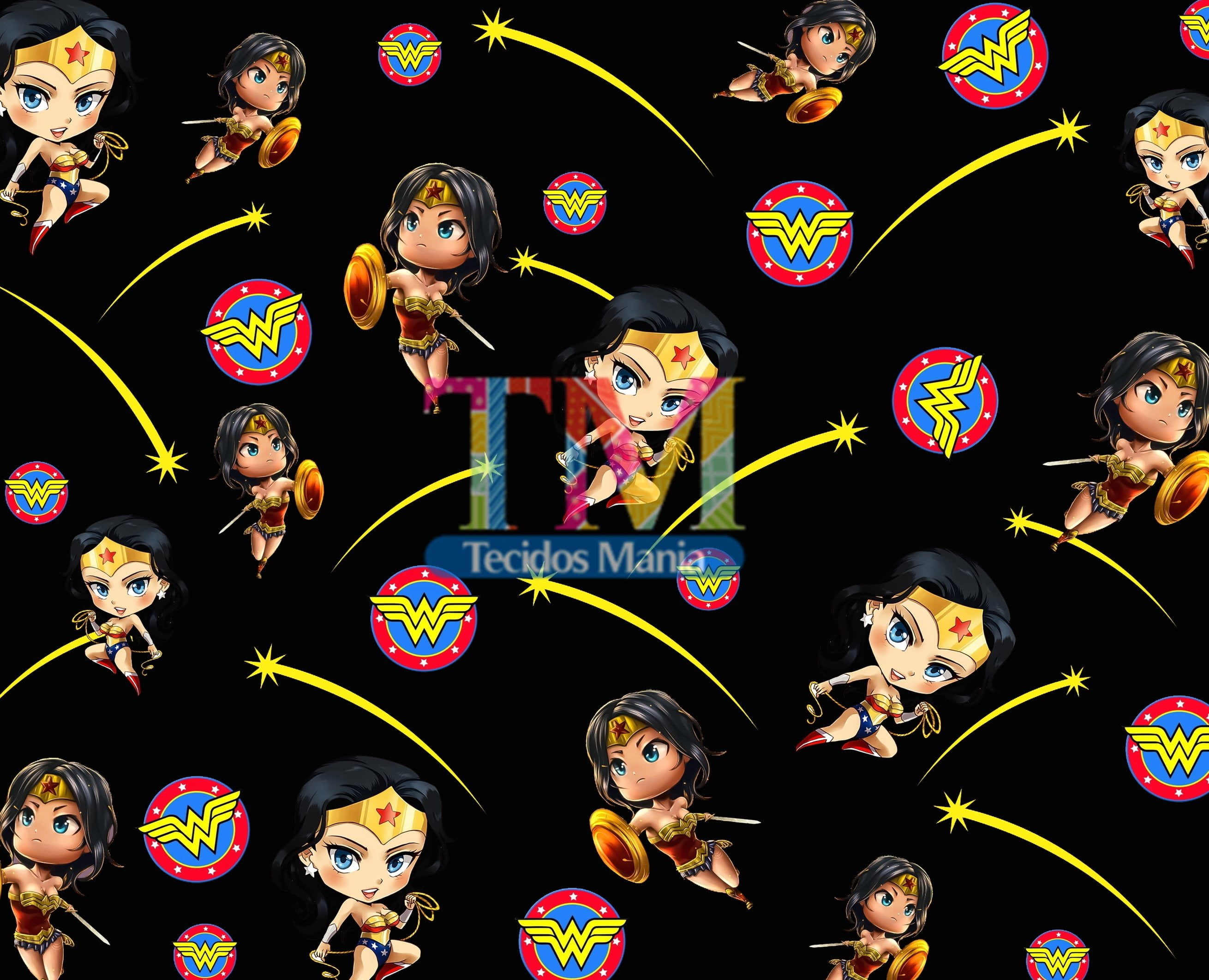 Tecido Oxford Estampa Digital - Mulher maravilha Funko - Fundo Preto