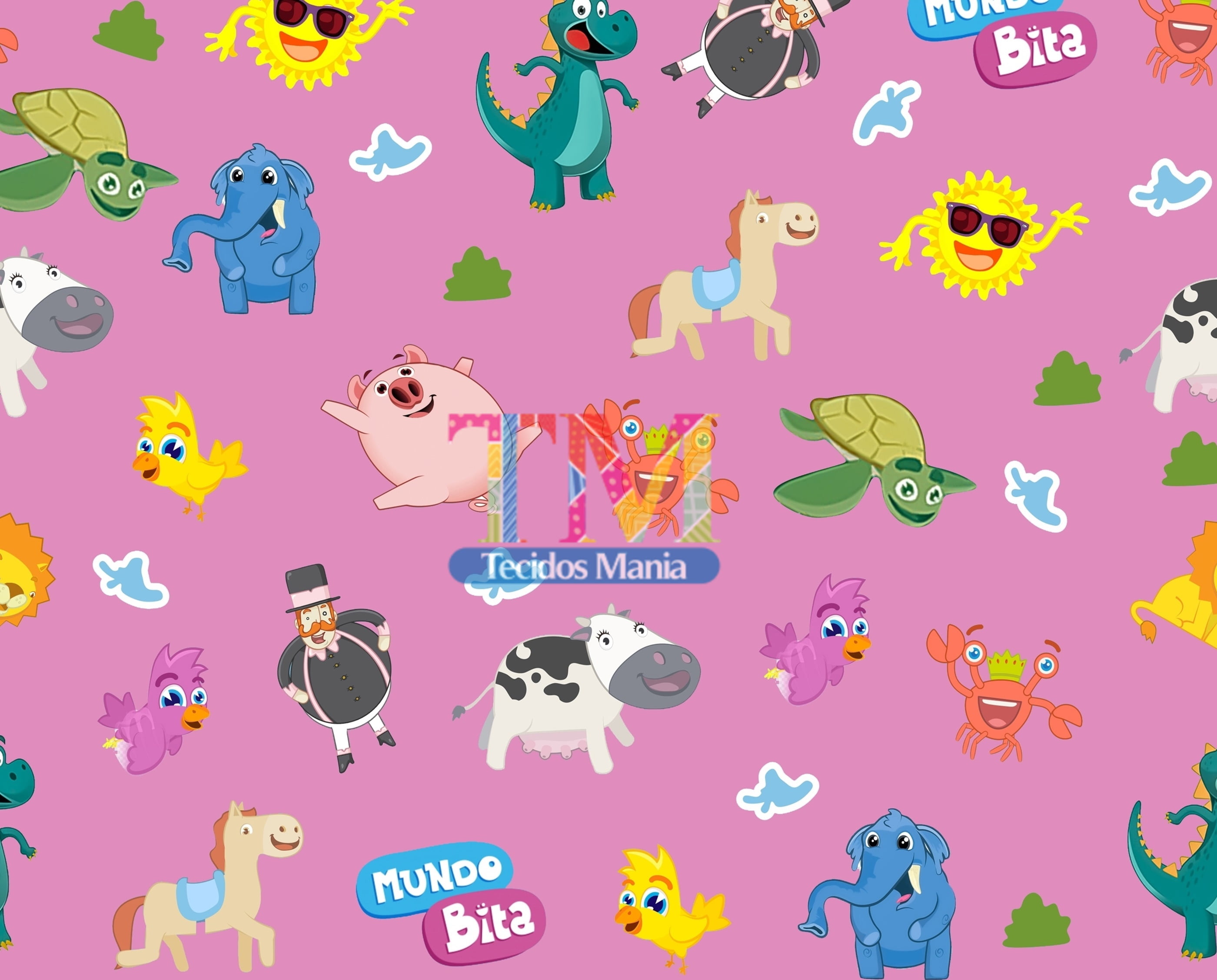 Tecido Oxford Estampa Digital - Mundo Bita - Fundo Rosa