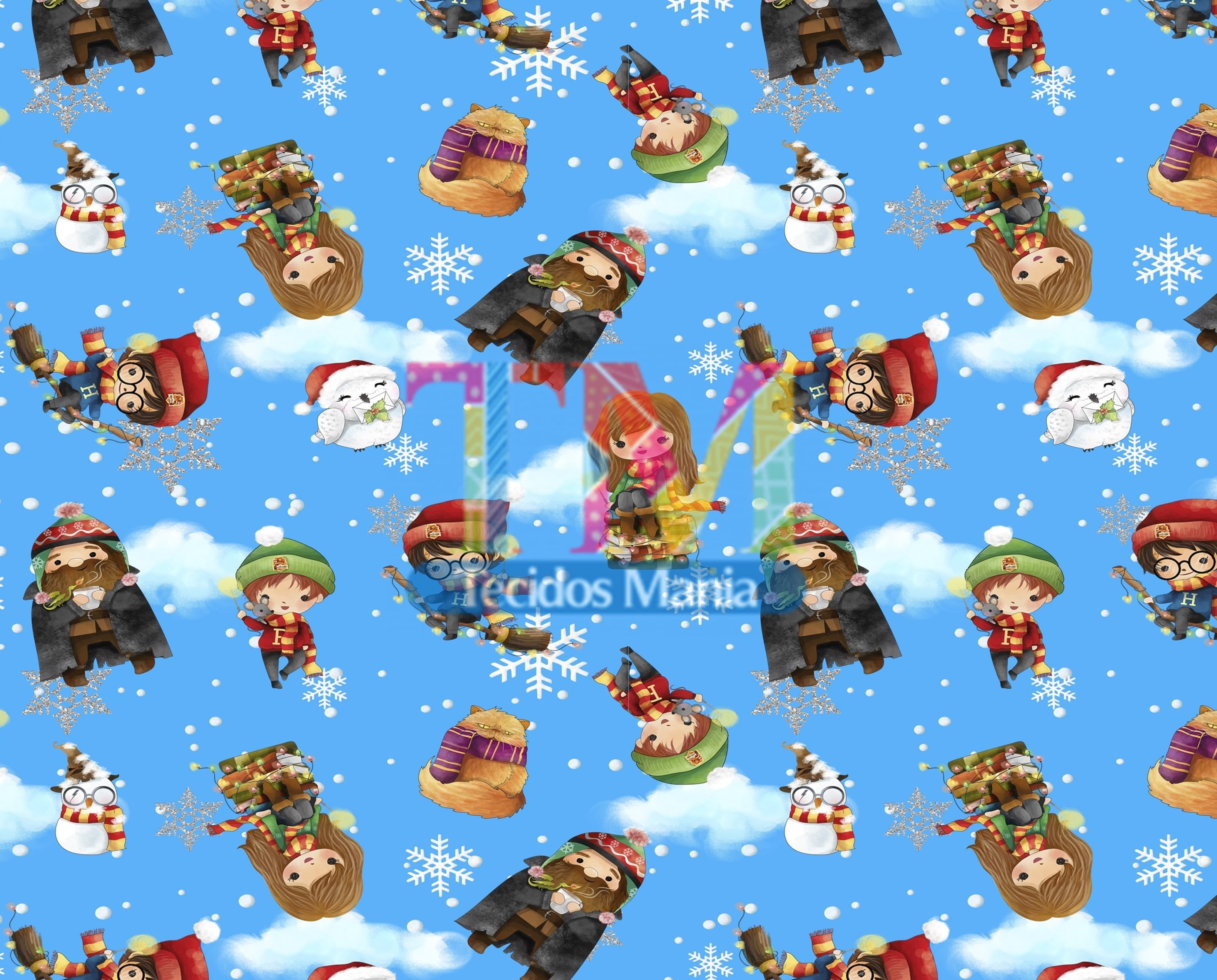Tecido Oxford Estampa Digital - Natal Harry Potter - Fundo Azul
