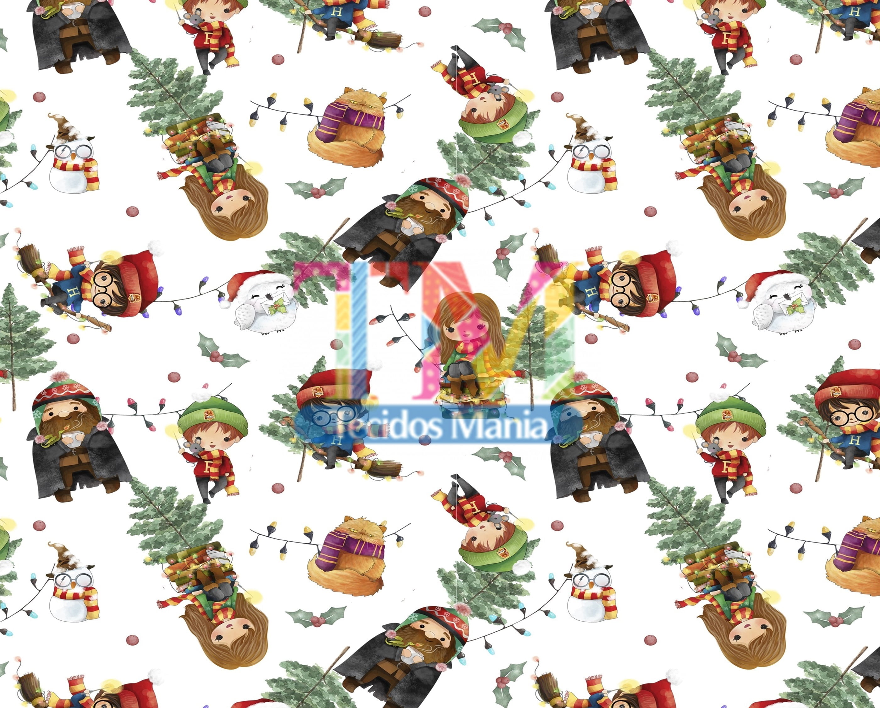 Tecido Oxford Estampa Digital - Natal Harry Potter - Fundo Branco