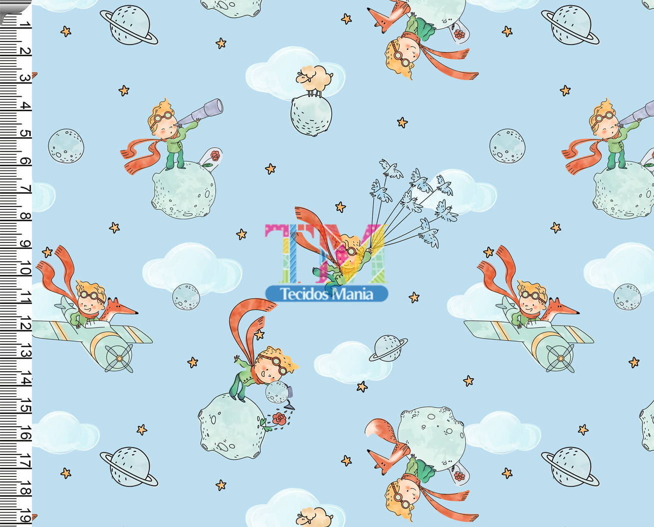 Tecido Oxford Estampa Digital - O Pequeno Príncipe - Nuvens - Fundo Azul