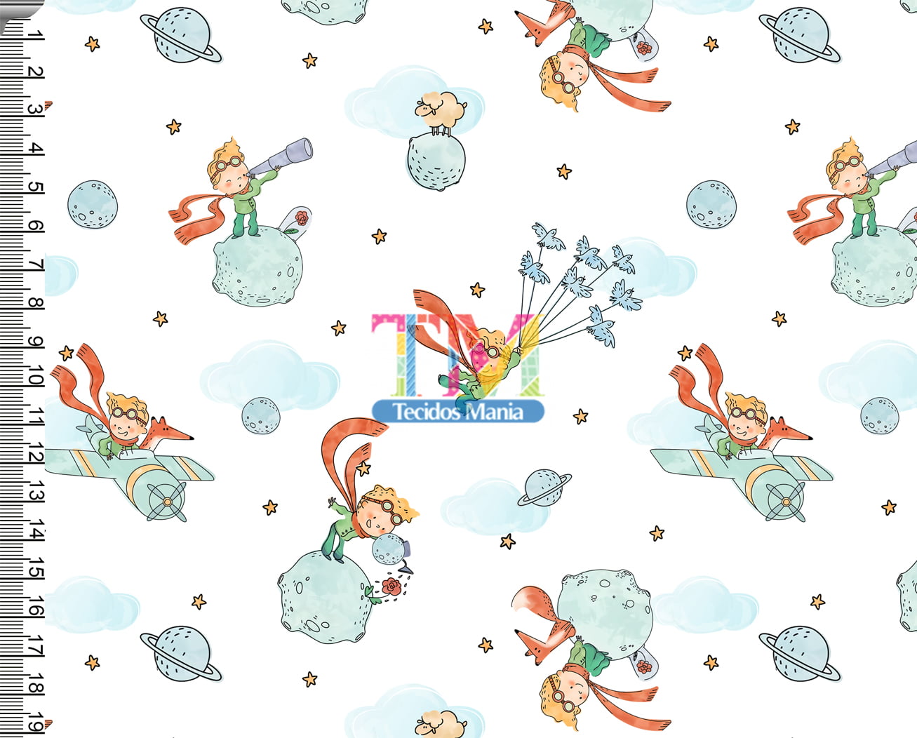 Tecido Oxford Estampa Digital - O Pequeno Príncipe - Nuvens - Fundo Branco