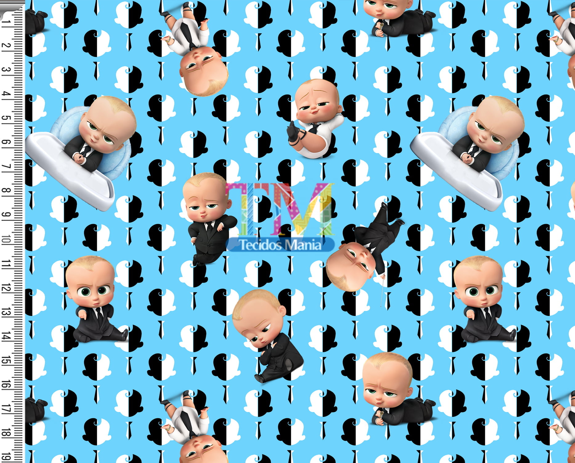 Tecido Oxford Estampa Digital - O Poderoso Chefinho - Faces - Fundo Azul