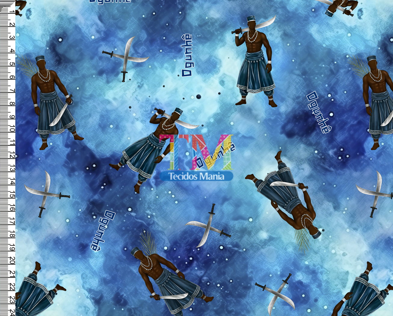 Tecido Oxford Estampa Digital - Ogum - espada - fundo azul marinho