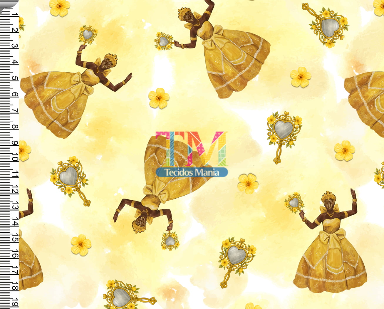 Tecido Oxford Estampa Digital - Oxum - Espelho - Fundo Amarelo