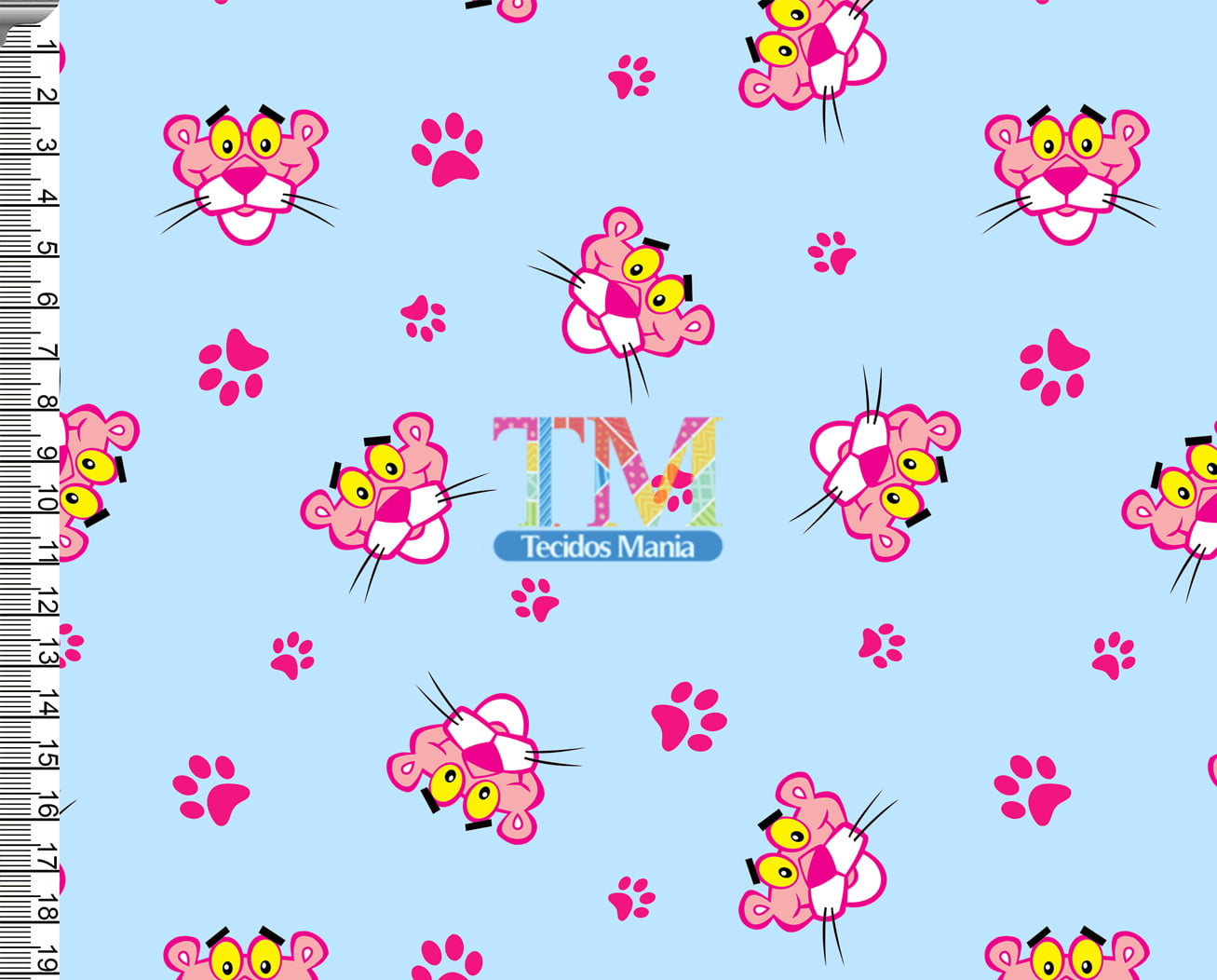 Tecido Oxford Estampa Digital - Pantera cor de rosa - Patinhas - fundo Azul
