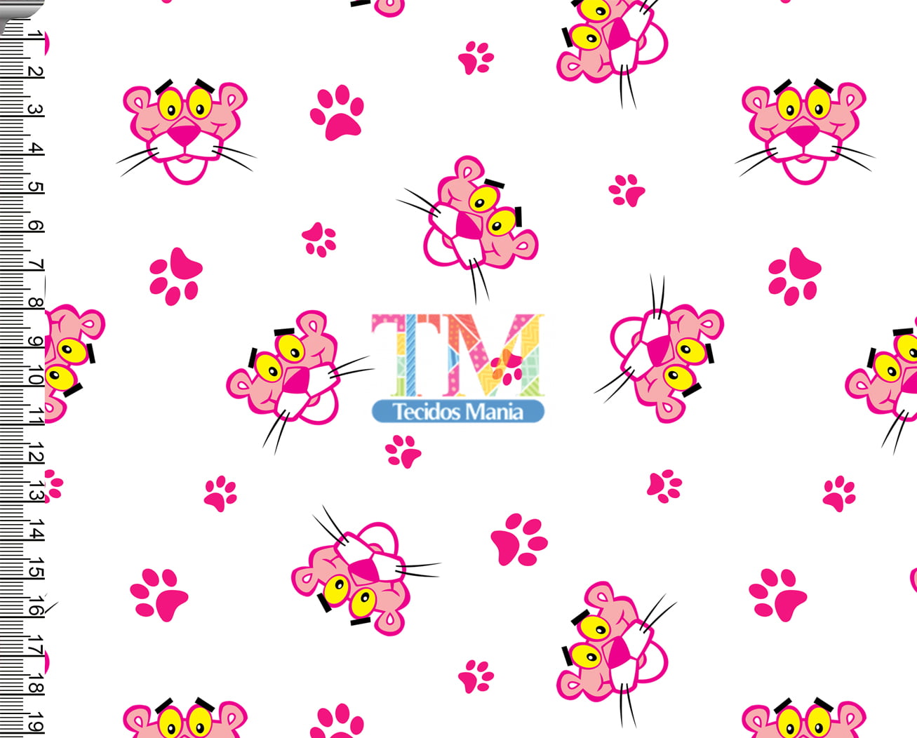 Tecido Oxford Estampa Digital - Pantera cor de rosa - Patinhas - fundo branco