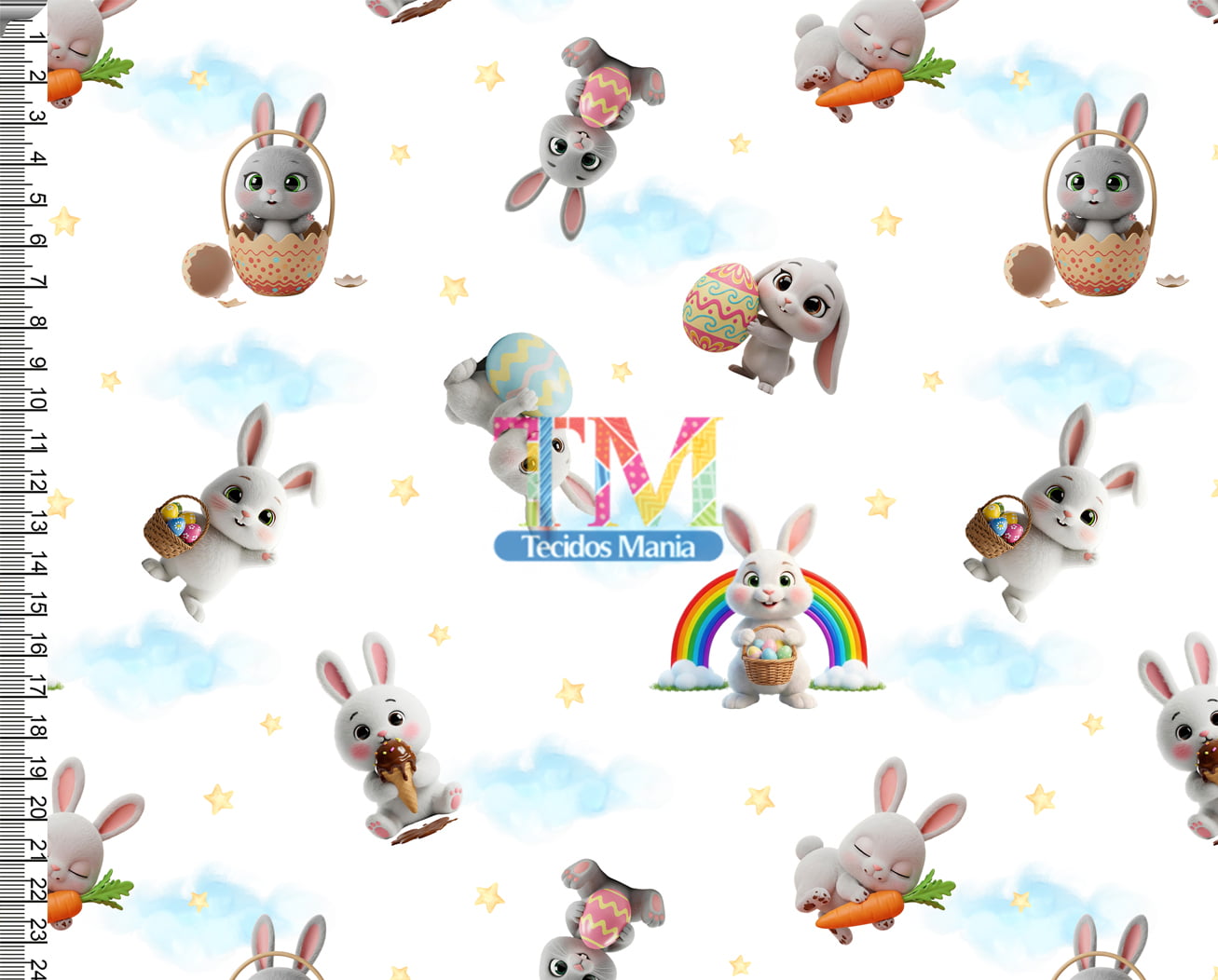 Tecido Oxford Estampa Digital - Páscoa - coelho baby - fundo branco