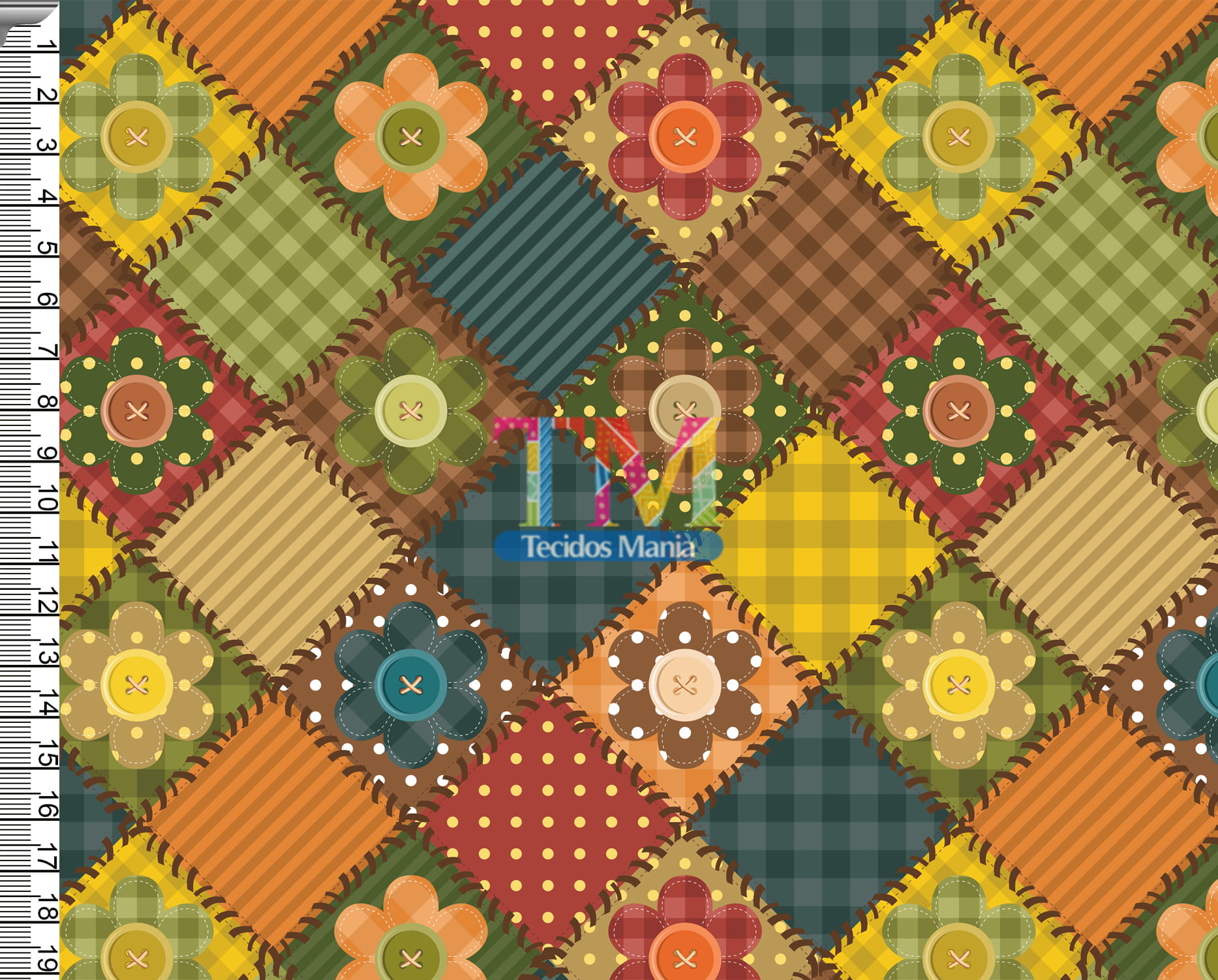 Tecido Oxford Estampa Digital - Patchwork - Flores e Botão
