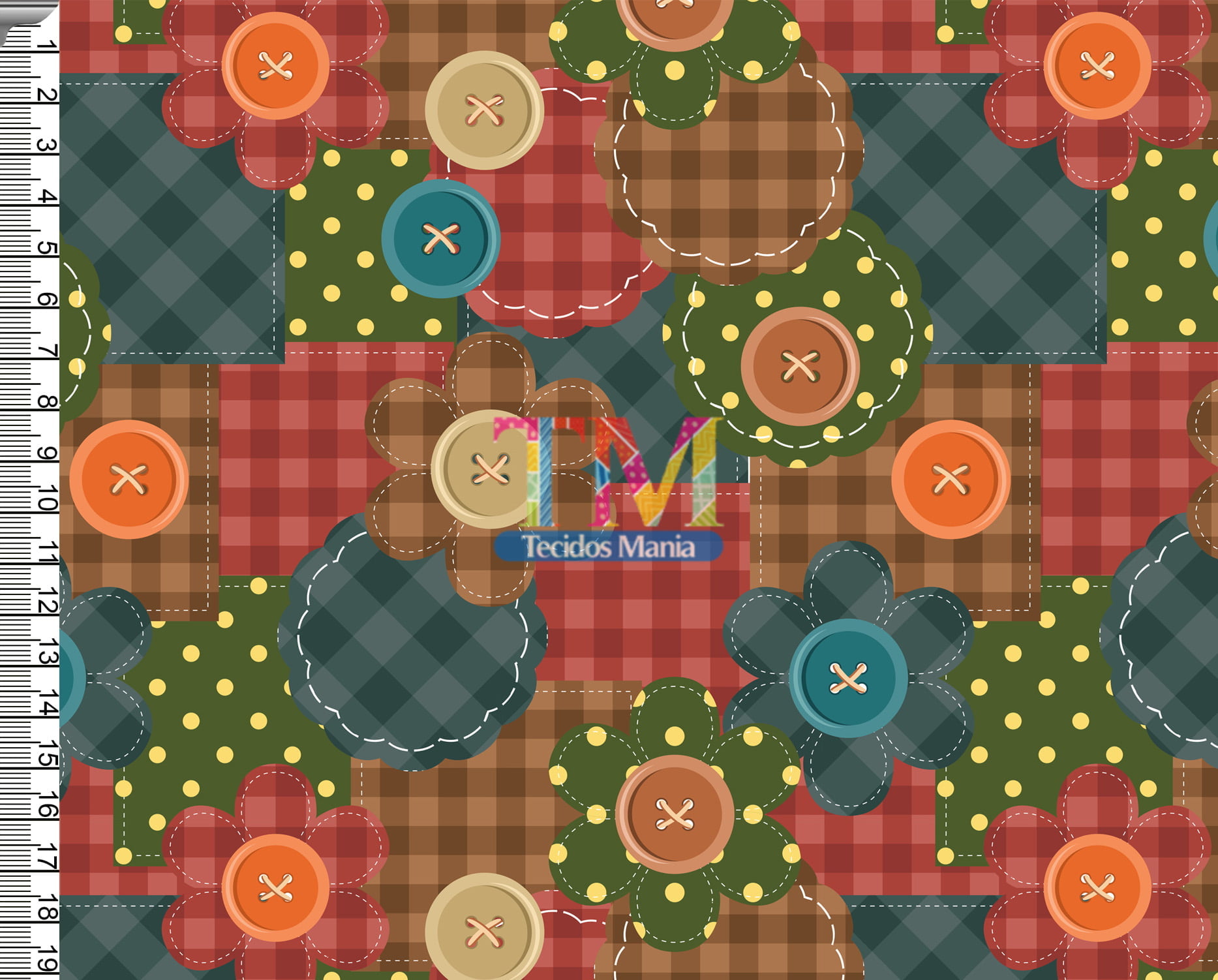 Tecido Oxford Estampa Digital - Patchwork - Retalhos - Botões e Flores