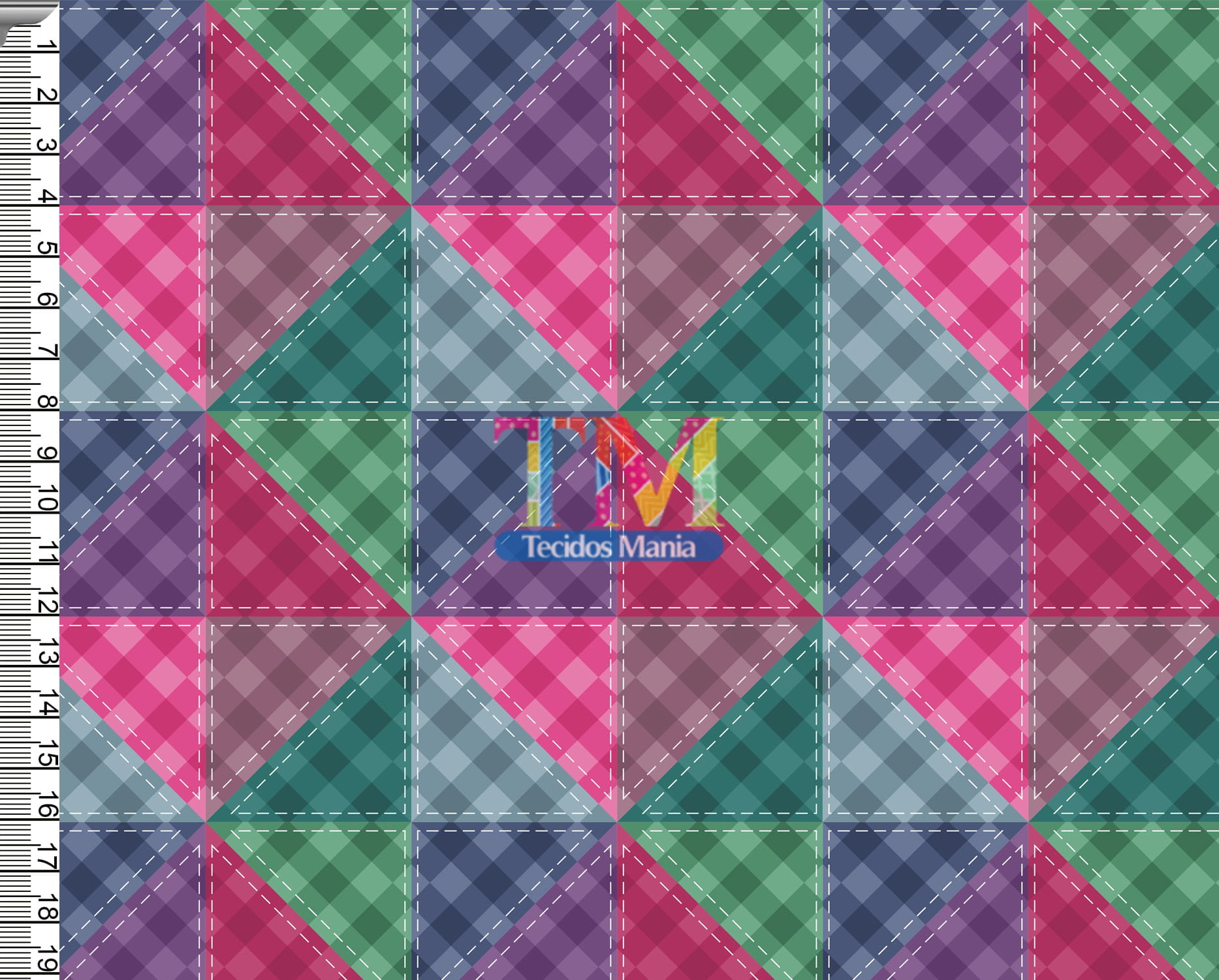 Tecido Oxford Estampa Digital - Patchwork - Triângulos Coloridos - Fundo Xadrez