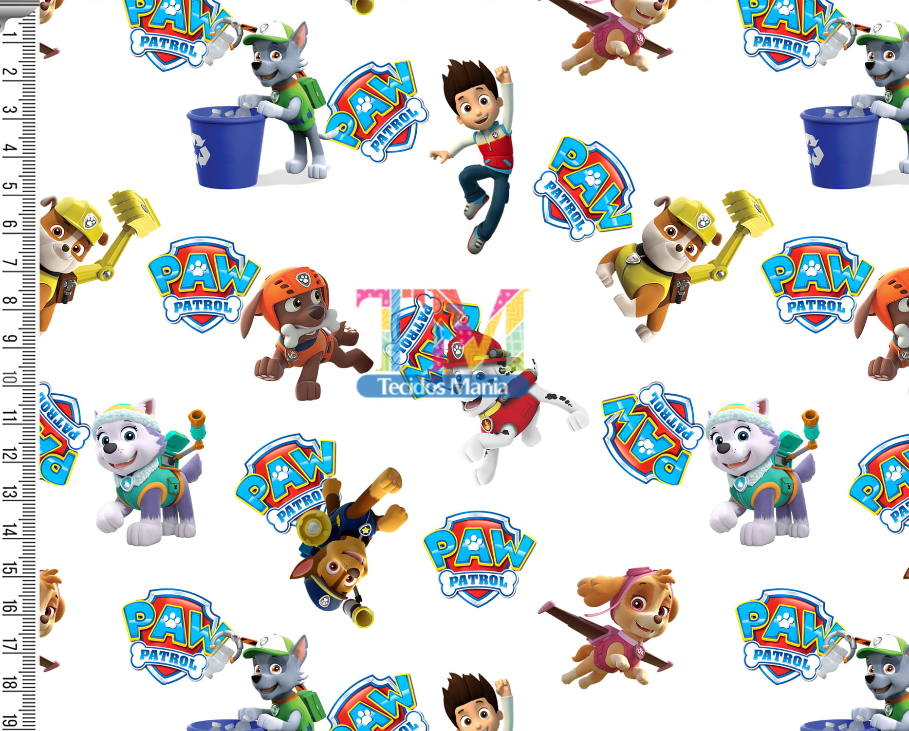 Tecido Oxford Estampa Digital - Patrulha canina - Amigos - Fundo Branco