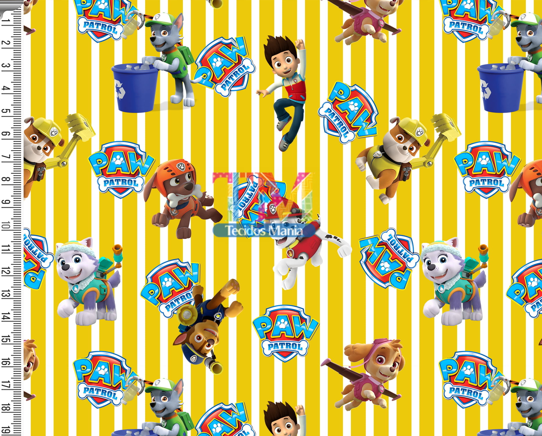 Tecido Oxford Estampa Digital - Patrulha canina - Amigos - listras - Amarelo