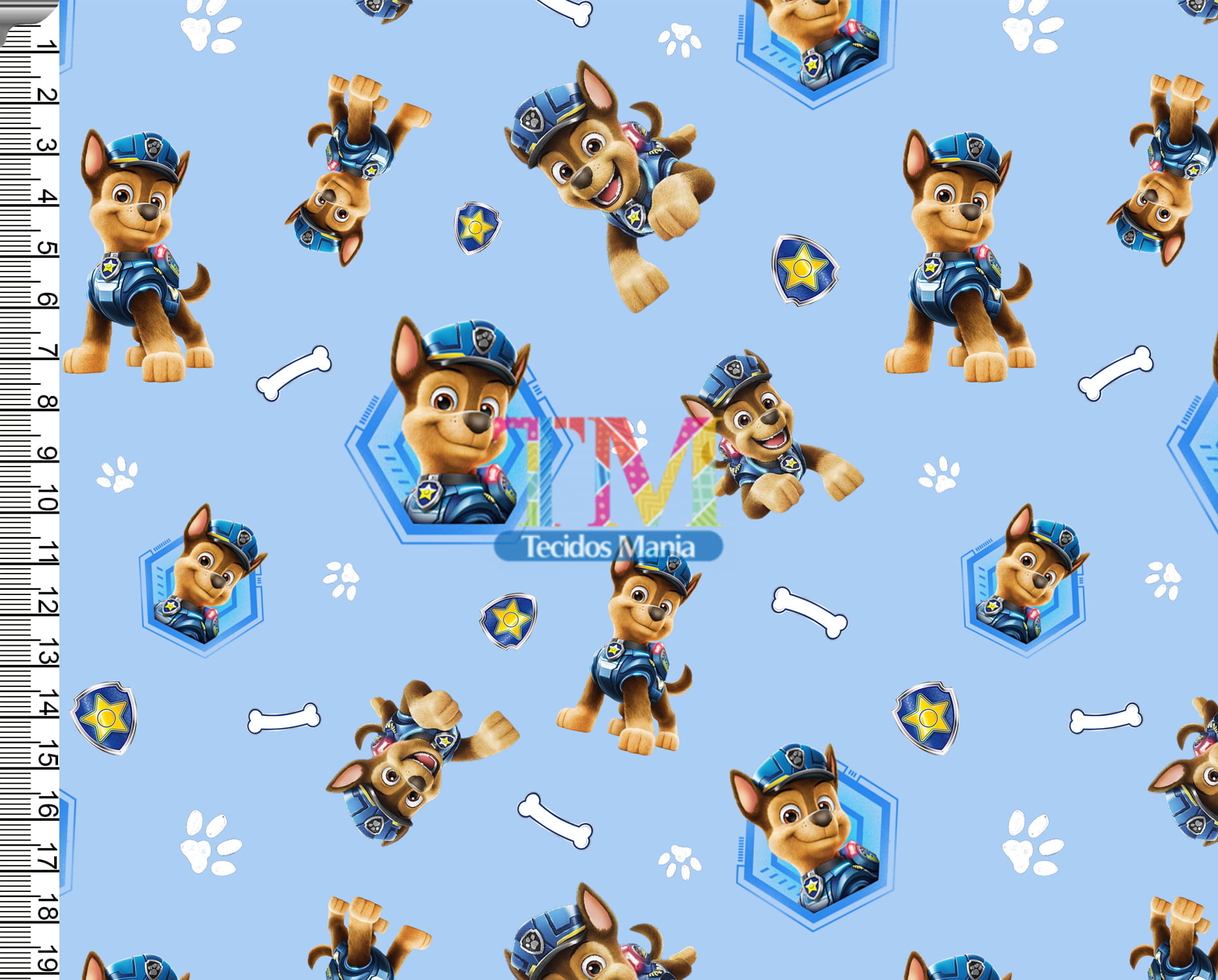 Tecido Oxford Estampa Digital - Patrulha Canina - Chase - Fundo Azul Claro