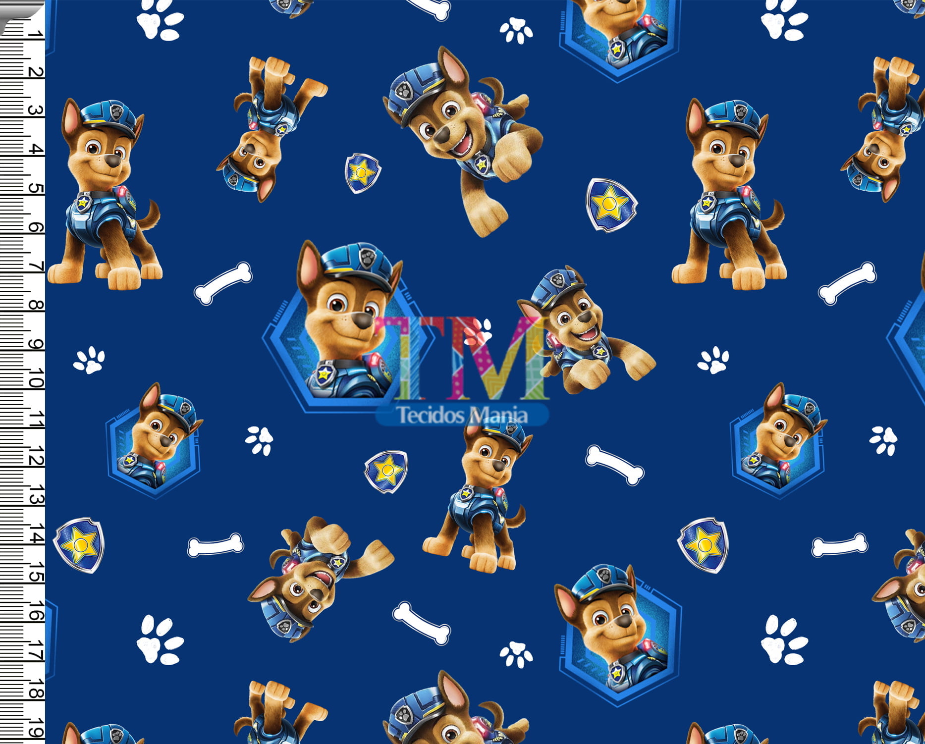 Tecido Oxford Estampa Digital - Patrulha Canina - Chase - Fundo Azul Marinho
