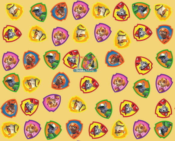 Tecido Oxford Estampa Digital - Patrulha Canina - escudo - Fundo Amarelo