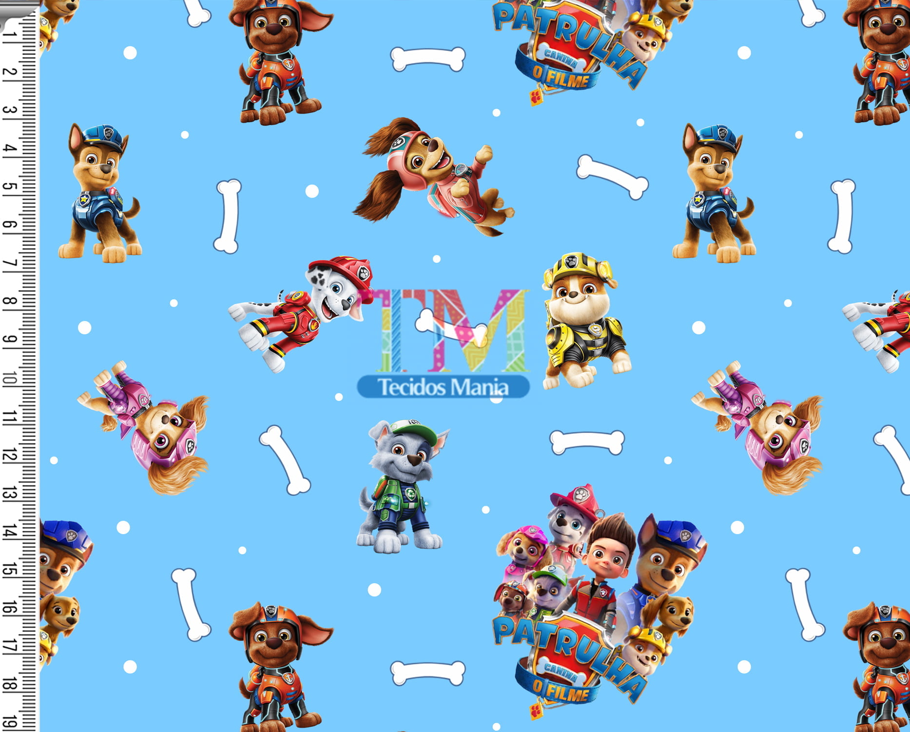 Tecido Oxford Estampa Digital - Patrulha canina - Ossinho - Fundo Azul Claro