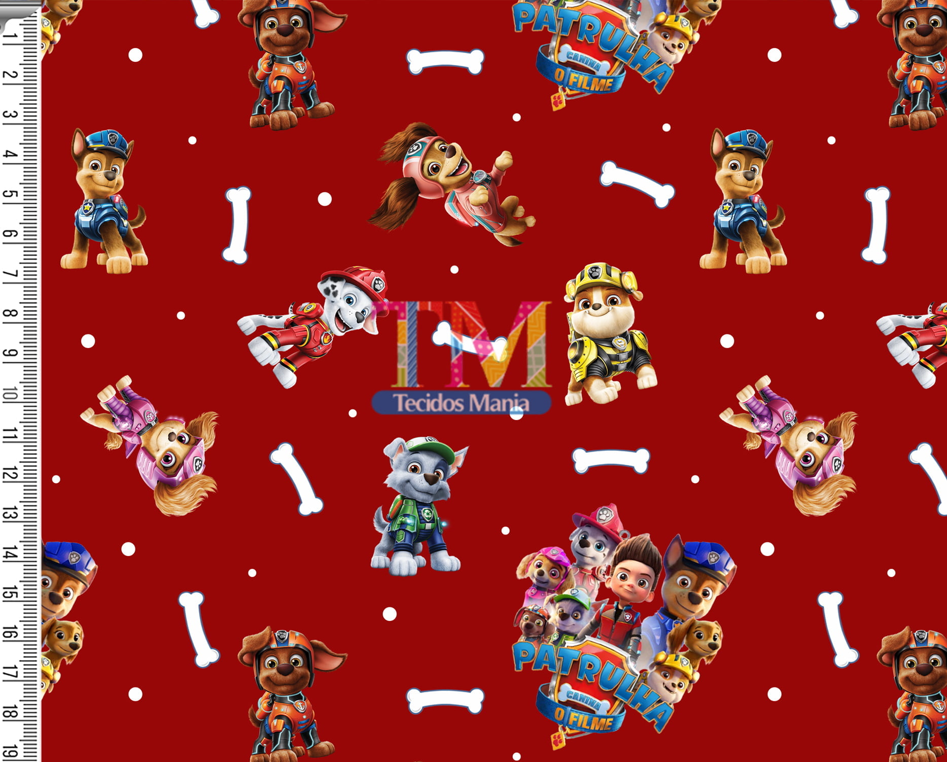 Tecido Oxford Estampa Digital - Patrulha canina - Ossinho - Fundo Vermelho