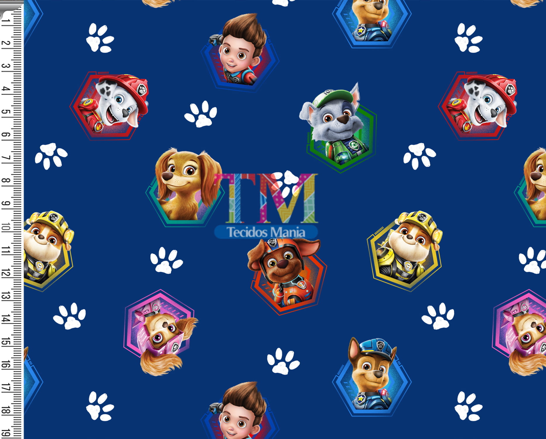 Tecido Oxford Estampa Digital - Patrulha canina - Patinhas - Fundo azul marinho